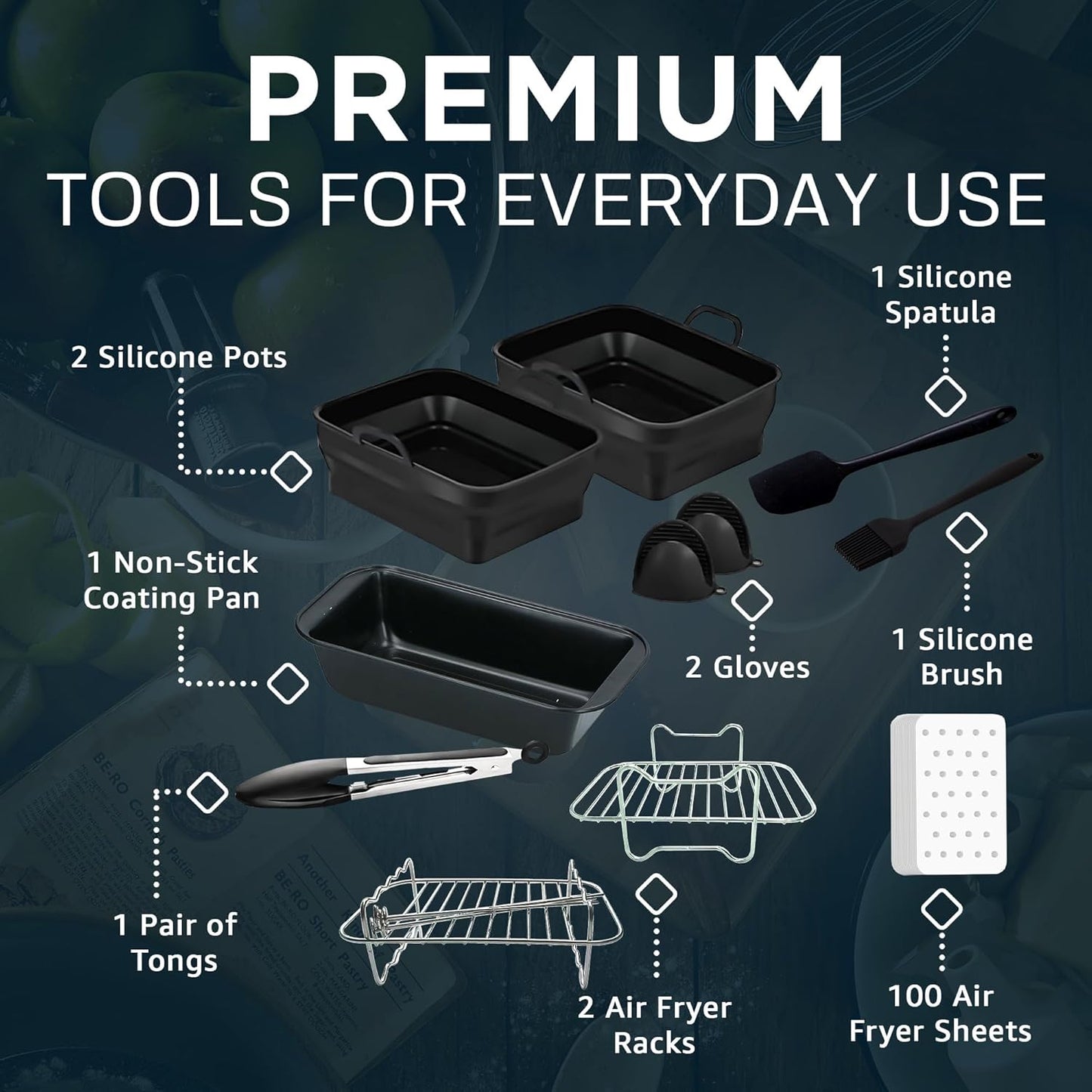 - 11-Piece Set of Air Fryer Accessories Compatible with Ninja, Tower & Other Brands, Includes Air Fryer Rack, Non-Stick Pan, Silicone Pots, Airfryer Liners, Gloves & More