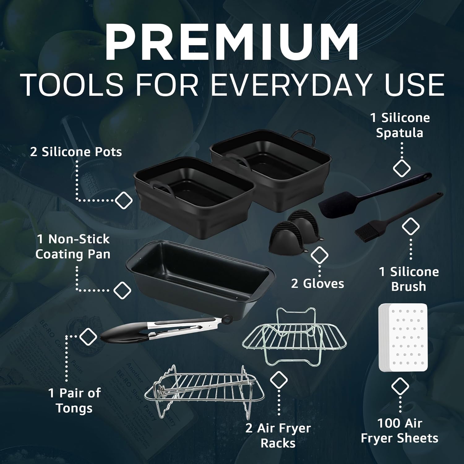 - 11-Piece Set of Air Fryer Accessories Compatible with Ninja, Tower & Other Brands, Includes Air Fryer Rack, Non-Stick Pan, Silicone Pots, Airfryer Liners, Gloves & More