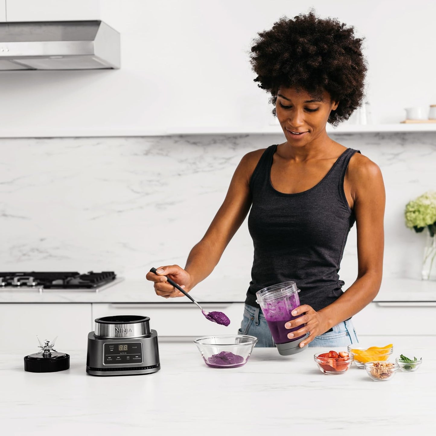 Foodi Power Nutri Blender 2-In-1, Blend Smoothie Bowls, Thick Spreads & Frozen Drinks, Automatic Programs, 700Ml Cup & 400Ml Bowl with with Power Paddle, 1100W, Silver CB100UK