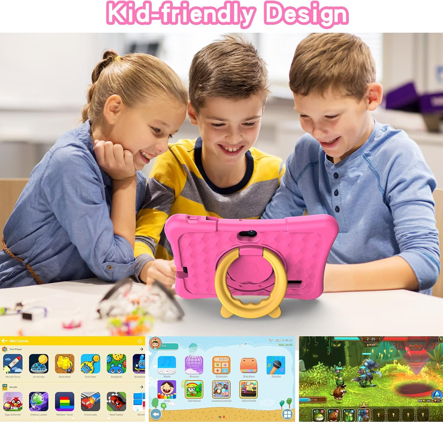 Kids Tablet 7 Inch Android 11, 2GB RAM 32GB ROM BT Wifi Dual Camera Educational Games Parental Control, Kids Software with Type C, Pink