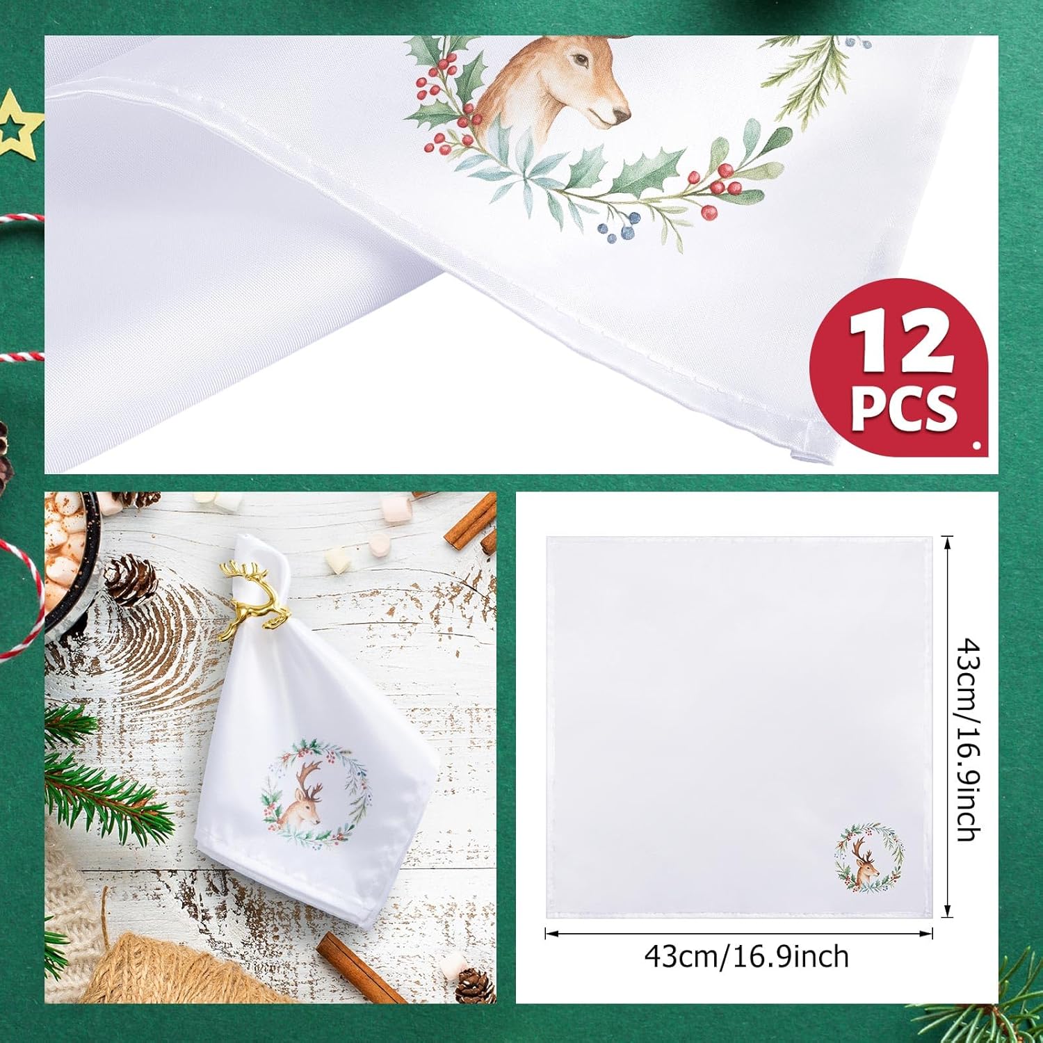 12 Pcs 43 X 43 Cm Christmas Napkins Soft Comfortable Cloth Napkin Reusable Satin Table Napkin for Home, Restaurants, Parties(Garland Deer)