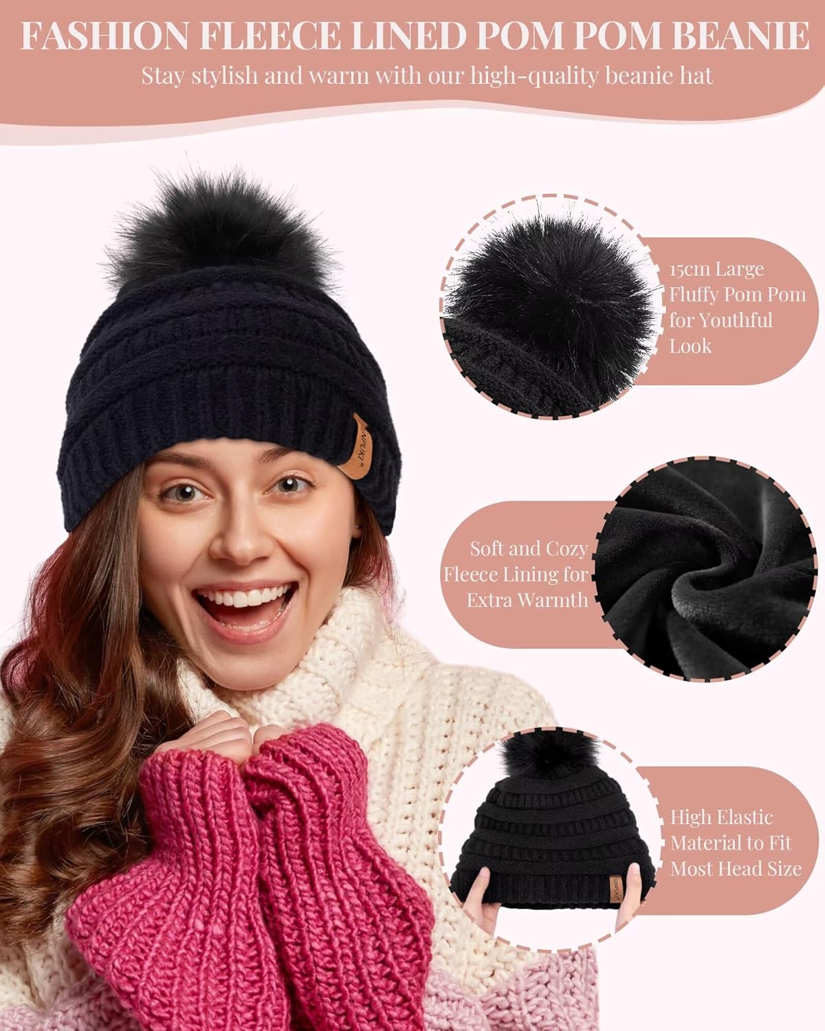 Hat Scarf and Gloves Set Ladies, Cute Pom Pom Winter Beanie Hat for Women with Warm Fleece Lined, Long Knit Bobble Touchscreen Gloves Women Scarf Neck Warmer 3 in 1 Cold Weather Gift Set