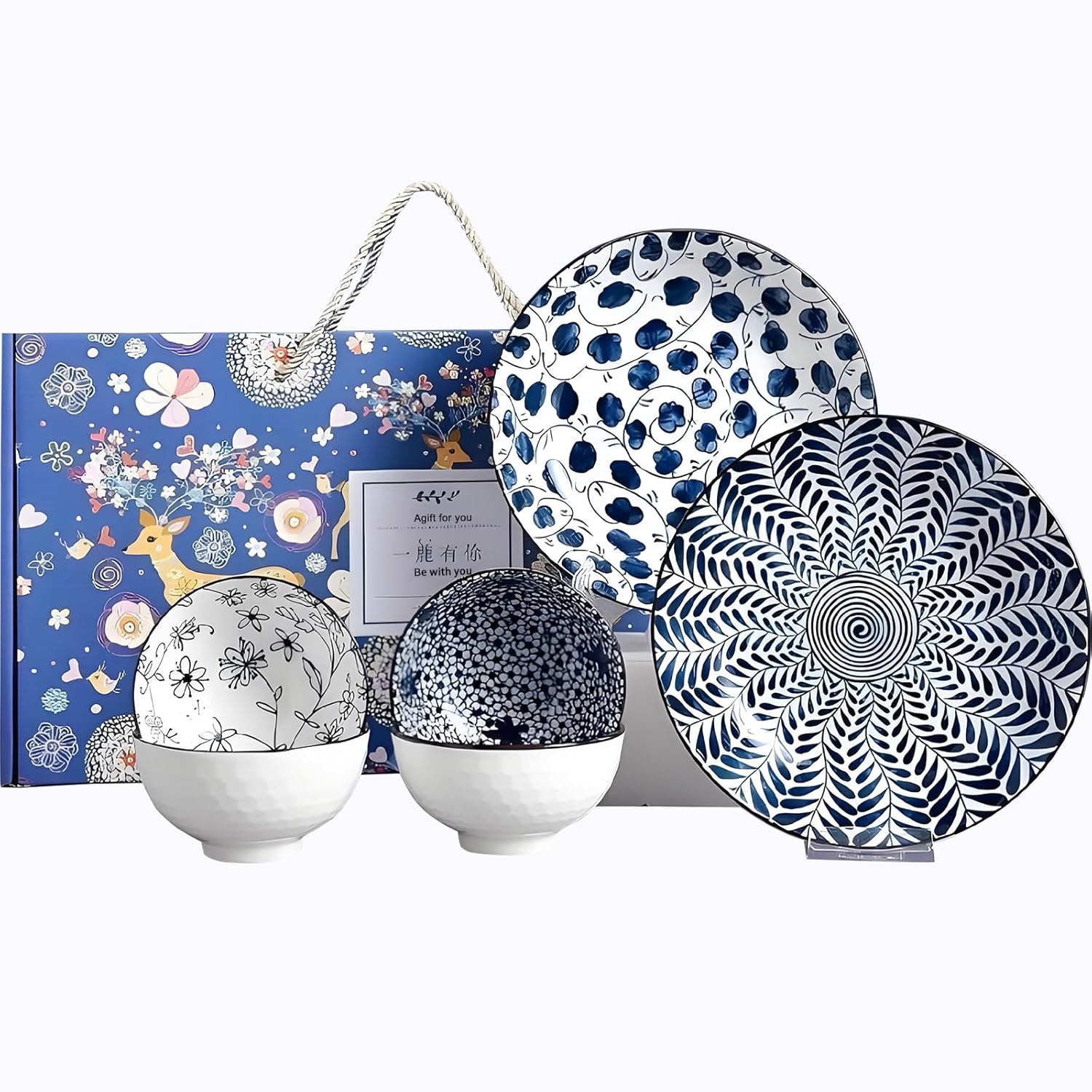Dinner Set-Plates and Bowls Set-Blue and White Porcelain Crockery Set-Tableware Gift Set-Chinese Japanese Dinnerware Set-20 Cm/7.8 Inches Dinner Plates for 2 and 300 Ml Cereal Bowl for 4
