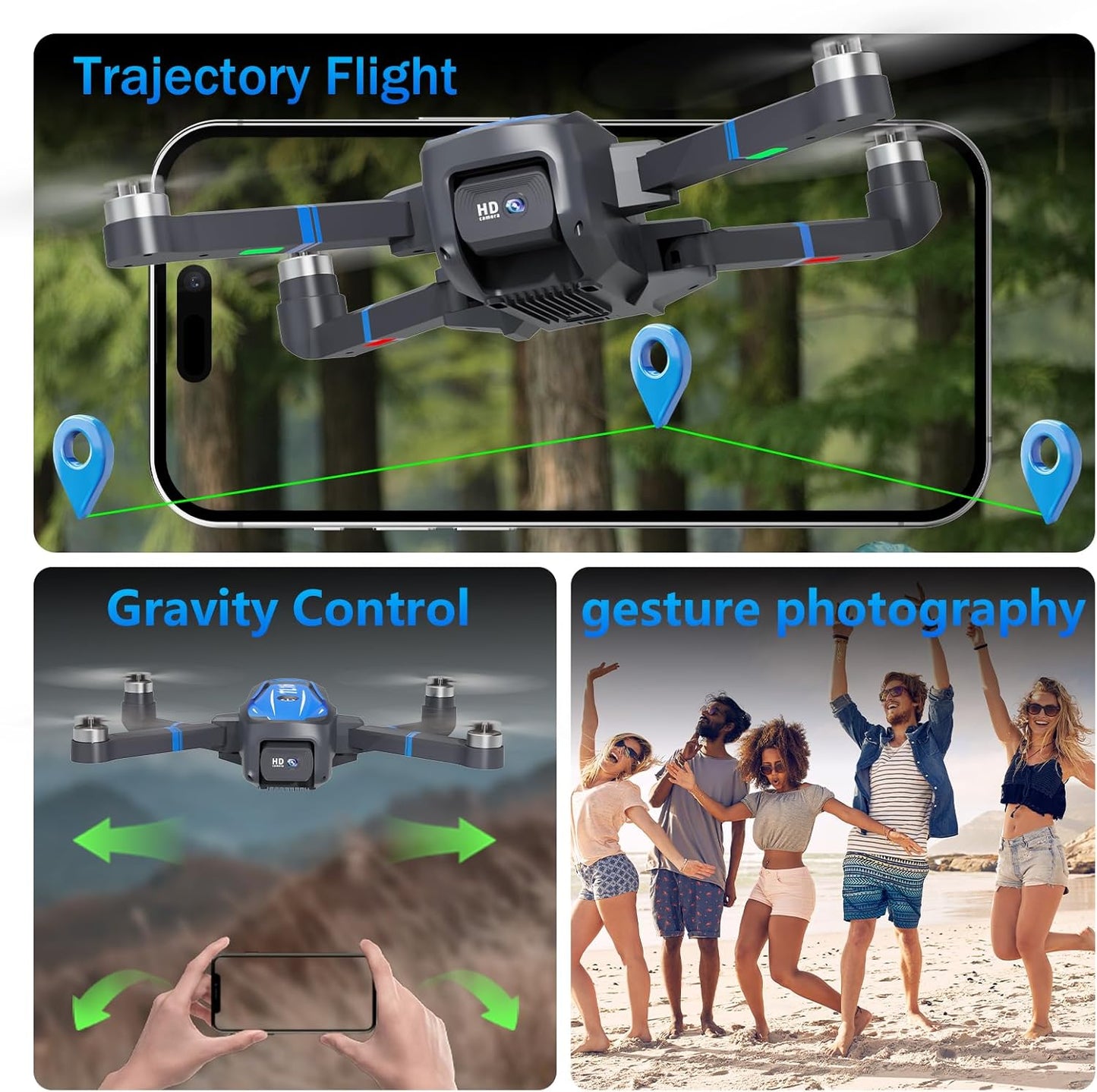 TL16 Drones with Camera 4K for Adults, Brushless Motor Drone for Beginners 90° Motorised Adjustable Lens Gesture Control Headless Mode Foldable Quadcopter, Blue
