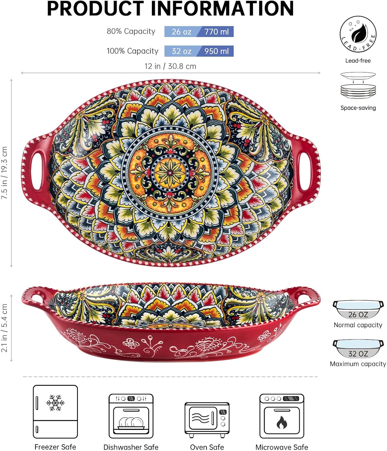 Salad Bowl Set of 4, Porcelain Large Pasta Bowl/Fruit Bowls with Handles - 32 OZ, Vibrant Colour Large Boho Bowls Serving Dishes for Entertaining/Party/Christmas
