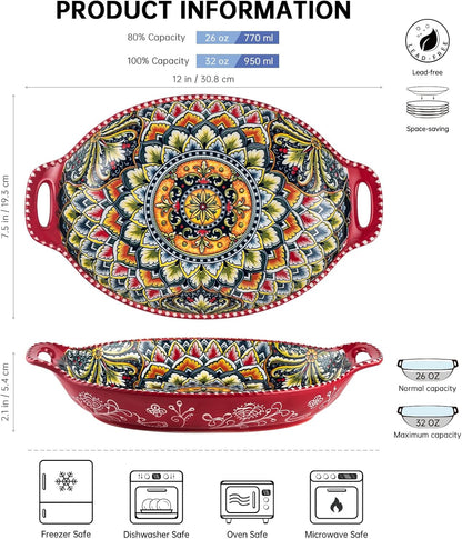 Salad Bowl Set of 4, Porcelain Large Pasta Bowl/Fruit Bowls with Handles - 32 OZ, Vibrant Colour Large Boho Bowls Serving Dishes for Entertaining/Party/Christmas