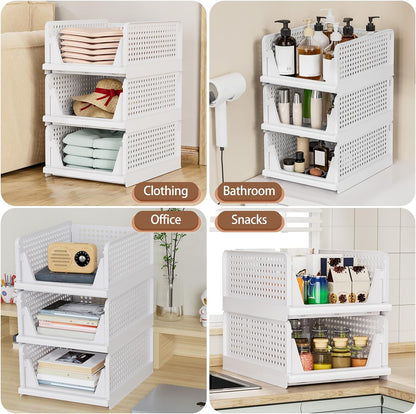 - Foldable Closet Organizer, 4 Pack Stackable Storage Boxes, Plastic Storage Baskets, Drawers for Bedroom, Kitchen and Bathroom Organization, White