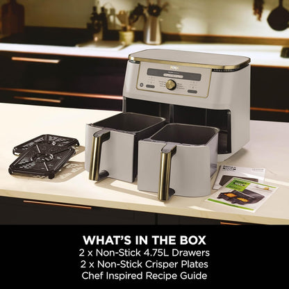 MAX Dual Zone Digital Air Fryer, 2 Drawers, 9.5L, 6-In-1, Uses No Oil, Air Fry, Max Crisp, Roast, Bake, Reheat, Dehydrate, Non-Stick, Dishwasher Safe Baskets, Stone Gold DZ400UKSTGD