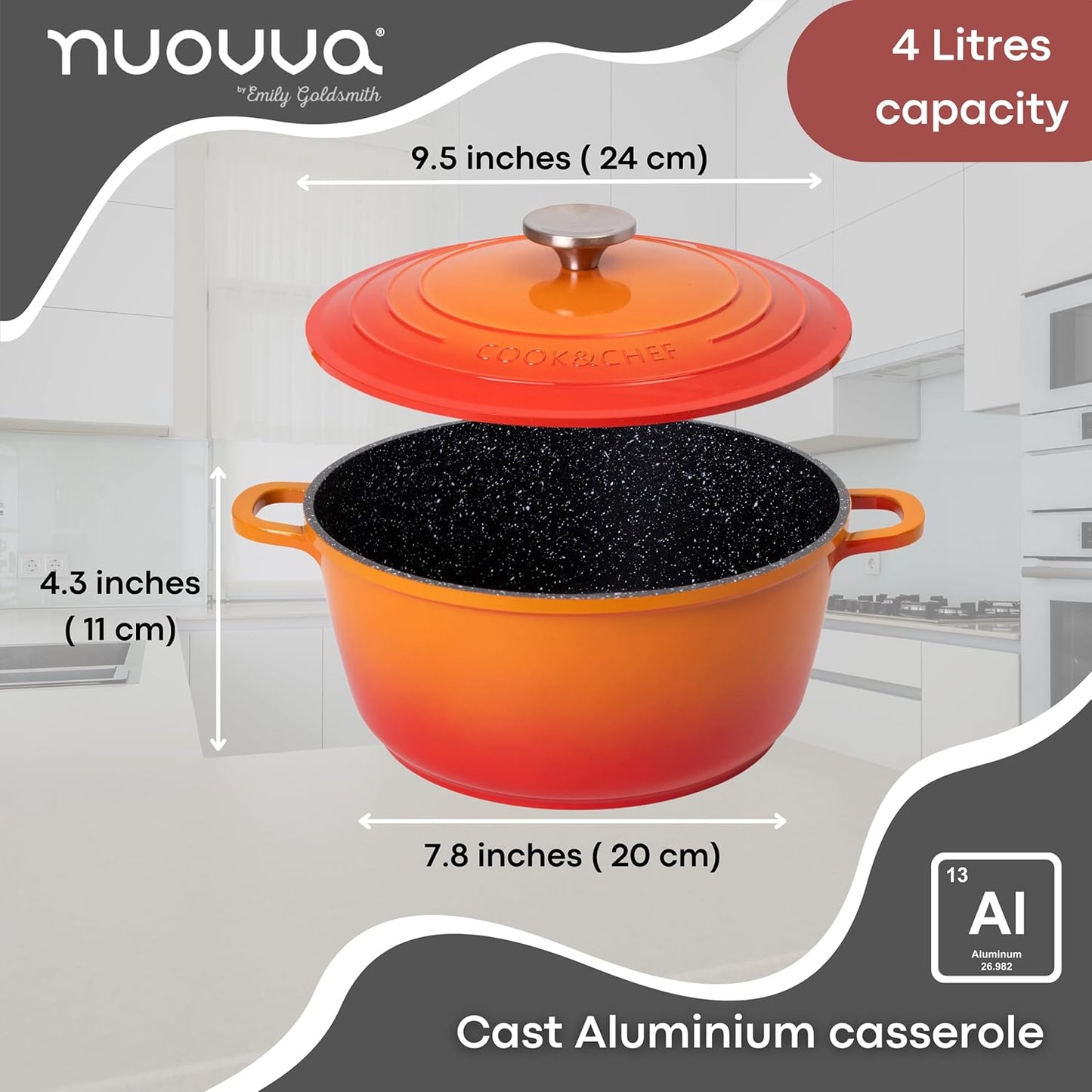 Casserole Dishes with Lid Oven Proof – Non Stick Deep Dutch Oven – Induction Cooking Pot – Oven Safe Aluminium Stockpot – 4L, 24Cm, Orange – by