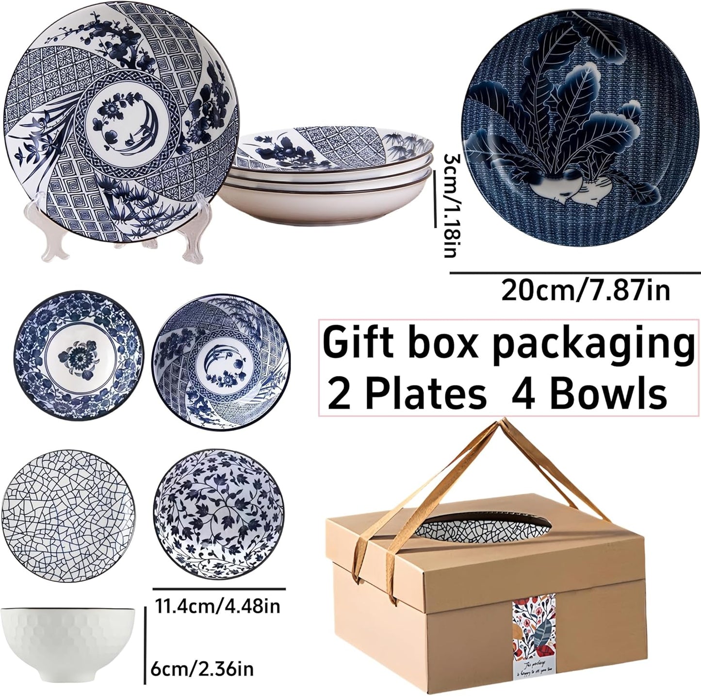 Japanese Style Ceramic Plates and Bowls Set, Rice Bowl with Gift Box Bowls Set of 6, Porcelain Serving Bowl for Rice, Soup, Dessert, Snack, 10Oz/250Ml, Soy Sauce Dish 8Inch, Dishwasher Safe Sets