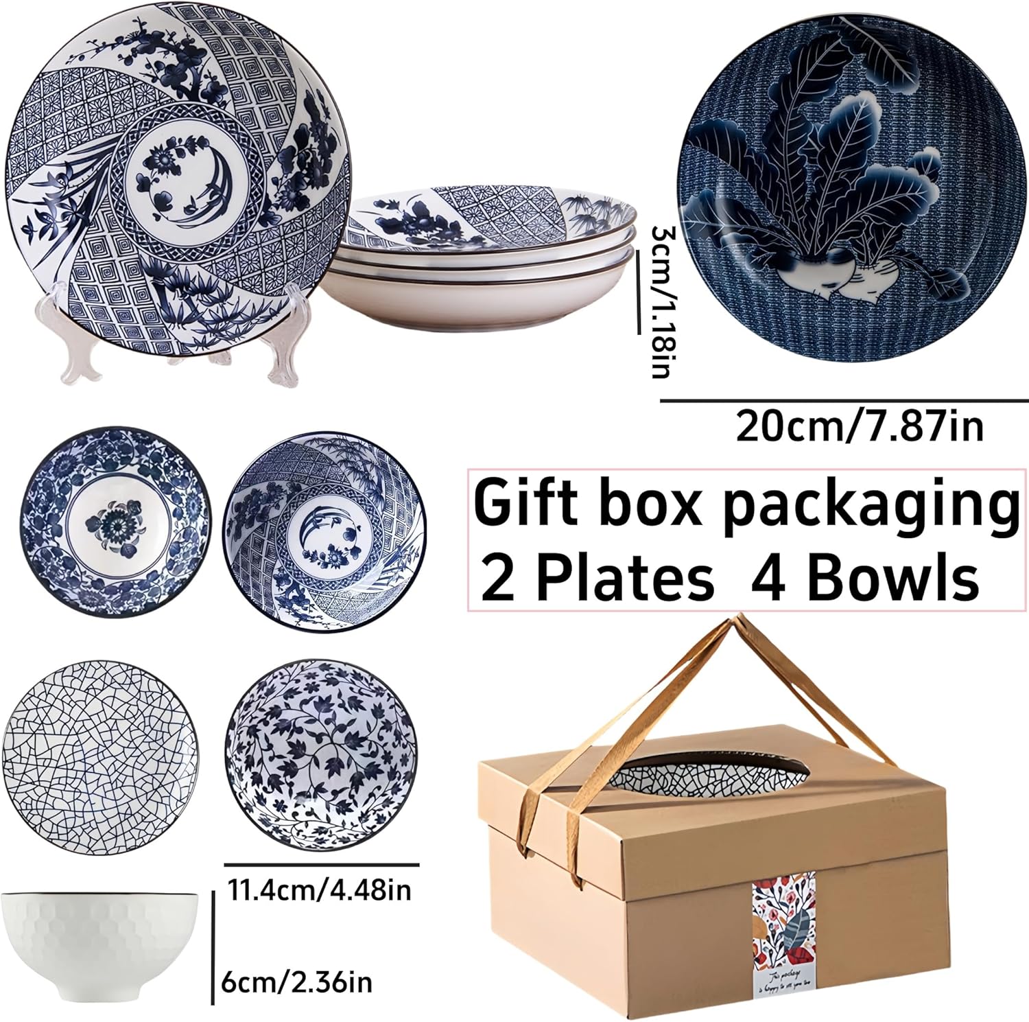 Japanese Style Ceramic Plates and Bowls Set, Rice Bowl with Gift Box Bowls Set of 6, Porcelain Serving Bowl for Rice, Soup, Dessert, Snack, 10Oz/250Ml, Soy Sauce Dish 8Inch, Dishwasher Safe Sets