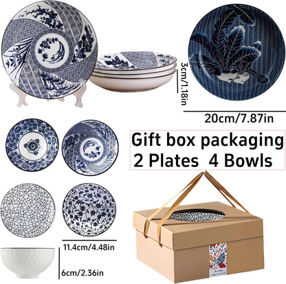 Japanese Style Ceramic Plates and Bowls Set, Rice Bowl with Gift Box Bowls Set of 6, Porcelain Serving Bowl for Rice, Soup, Dessert, Snack, 10Oz/250Ml, Soy Sauce Dish 8Inch, Dishwasher Safe Sets