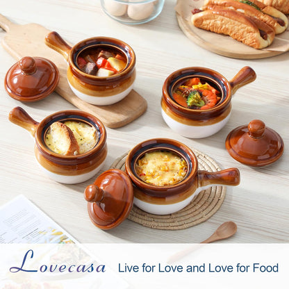 16 OZ French Onion Soup Crocks with Lid,Porcelain Soup Bowls with Extended Handle,Serving Bowls for Chili, Beef Stew, Cereal, Pot Pies, Lasagna,Microwave/Oven-Safe,Set of 4