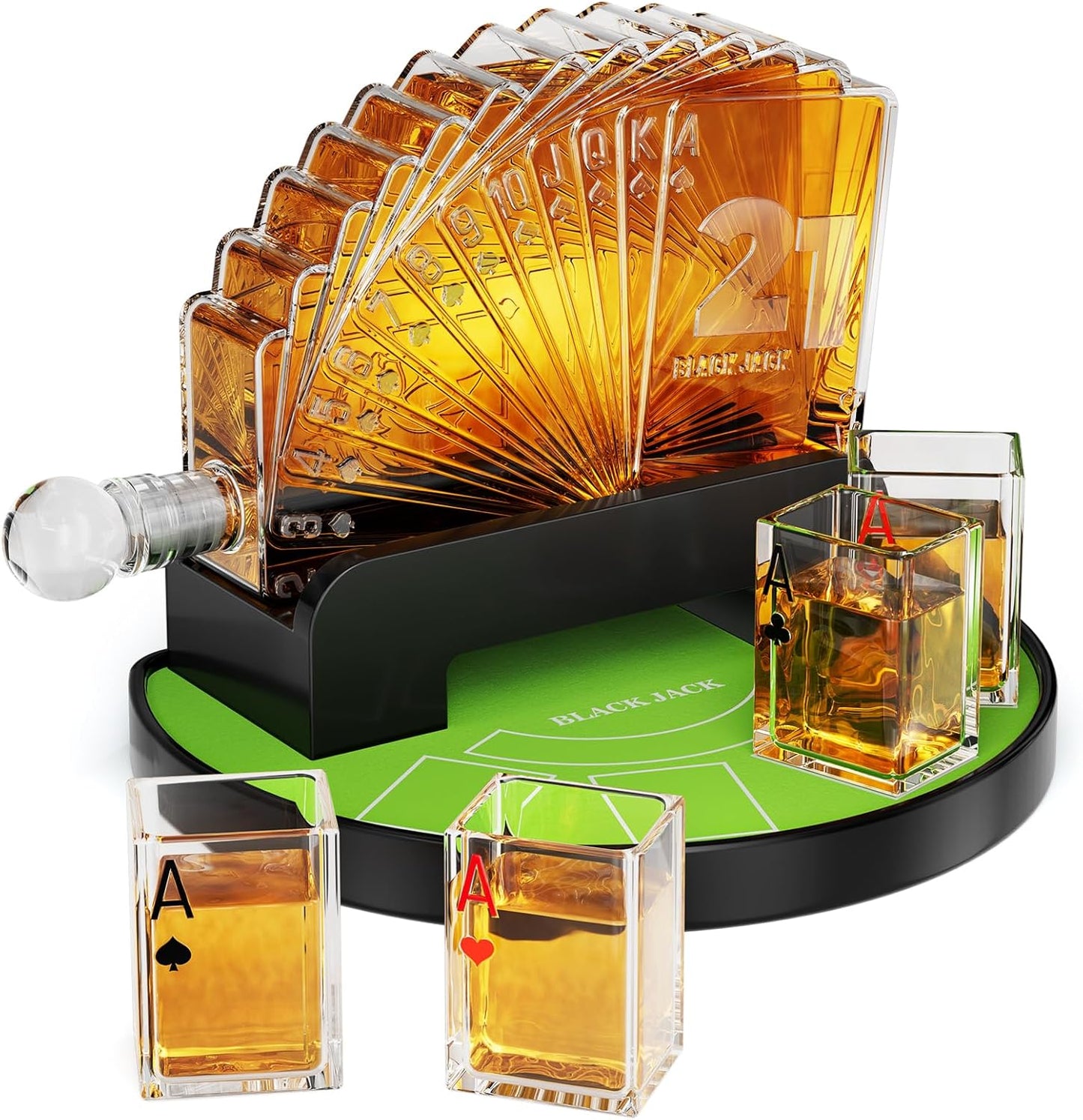 Blackjack Whiskey Decanter Set, 37.2 Oz Whiskey Decanter with 4 Glasses, Casino Style Decanter for Liquor, Christmas Birthday Gifts for Men, Dad, Boyfriend, Blackjack Game Night Essentials
