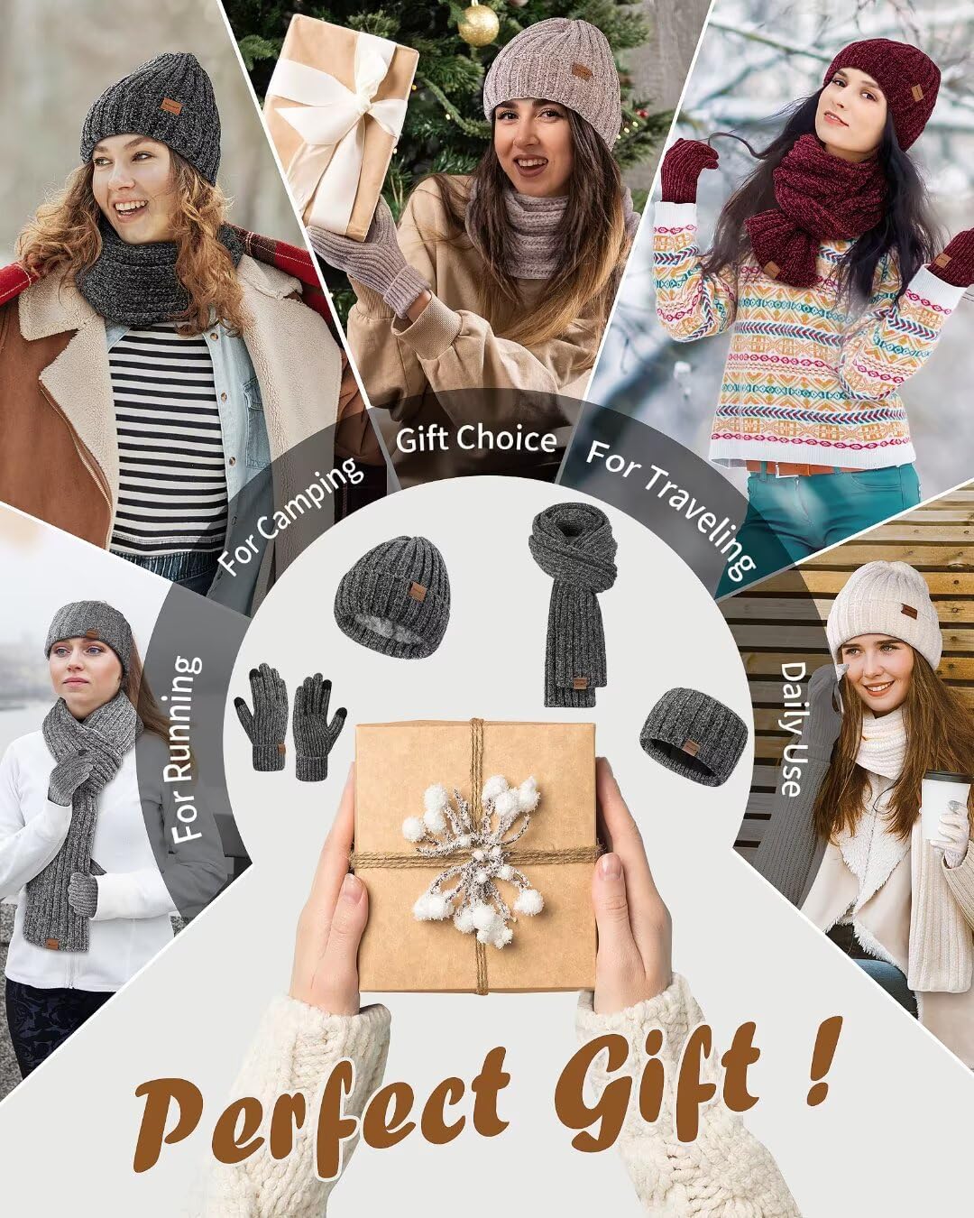 Headbands Hat Scarf and Gloves Set Ladies, Chenille Beanie Hat Women Fleece Lined Touchscreen Gloves Women Knit Scarf Ear Warmers 4 in 1 Cold Weather Gift Set