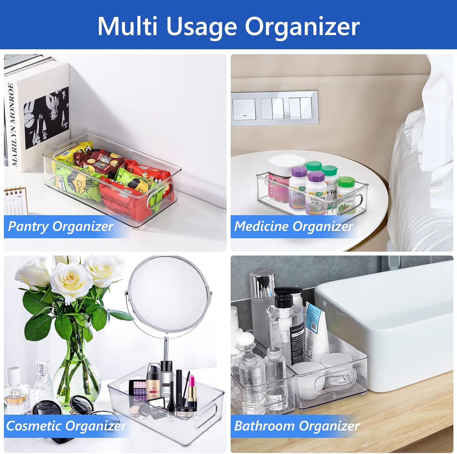 Fridge Organiser, Stackable, Storage Box, Kitchen Organiser, Pantry Storage Container, Transparent Container for Fridge, Kitchens, Cabinets (Pack of 6)