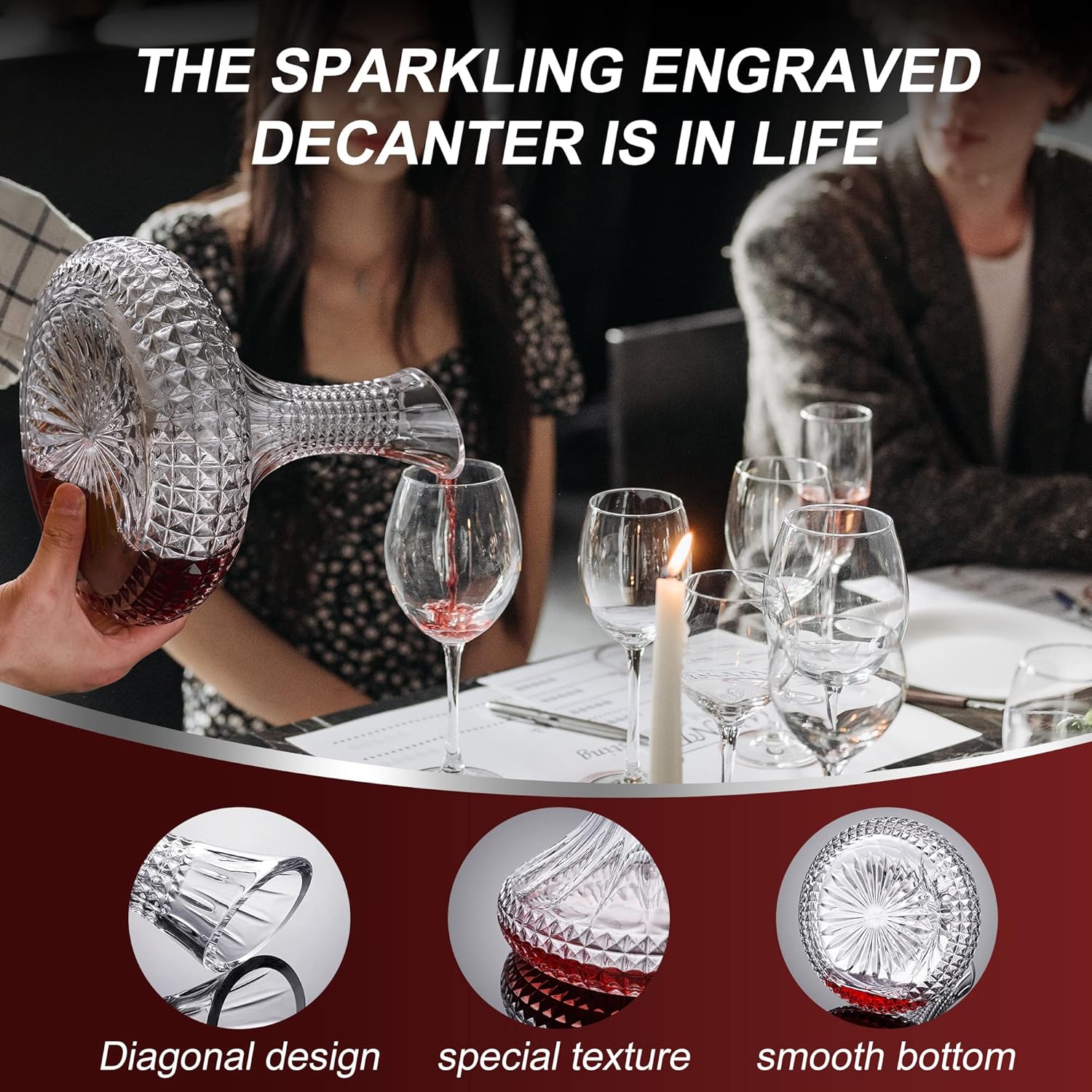 Thick Wine Decanter with Gift Box, Crystal Glass Engraved Decanter, Elegant Gift & Artwork - Full Bottle 55 Oz