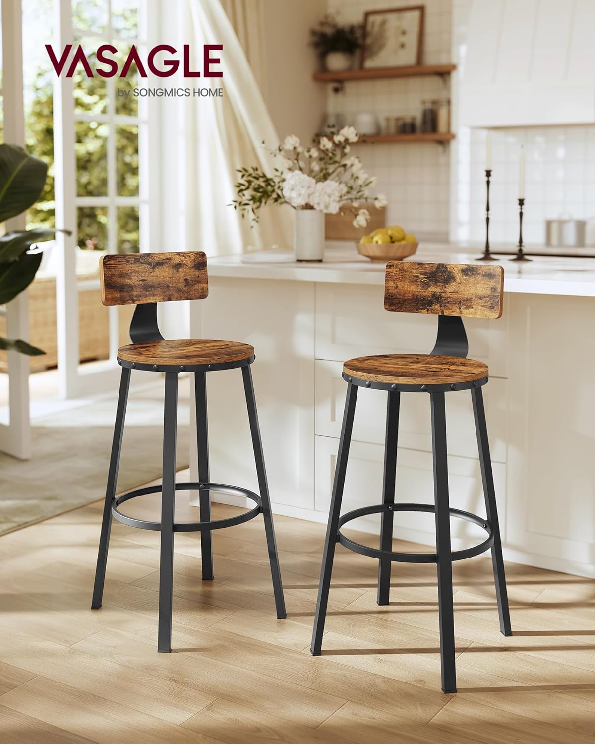 Bar Stools Set of 2, Kitchen Breakfast Bar Chairs, with Backrest, Steel Frame, 73 Cm Tall Seat, Easy Assembly, Industrial Style, Rustic Brown and Black LBC026B01V1