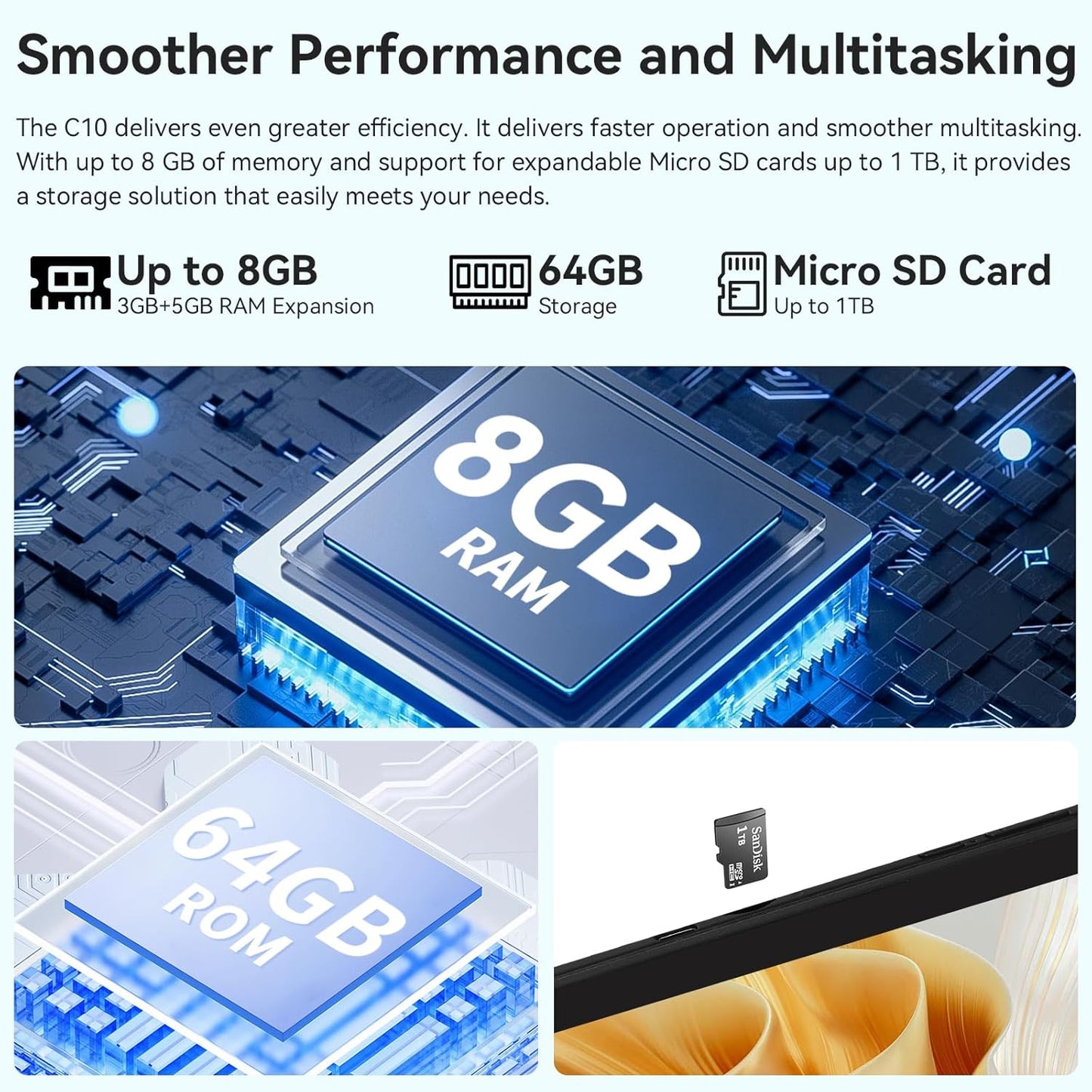 Whitedeer  10 Inch Octa-Core Processor Android 14 Tablet, Face ID丨OTG, 8GB+64GB/1TB TF, 1280*800丨5G Wifi丨Bt5.3丨Tab PC with Dual Camera 5MP+8MP, Support Split-Screen, 5000Mah, Widevine L1(Black)