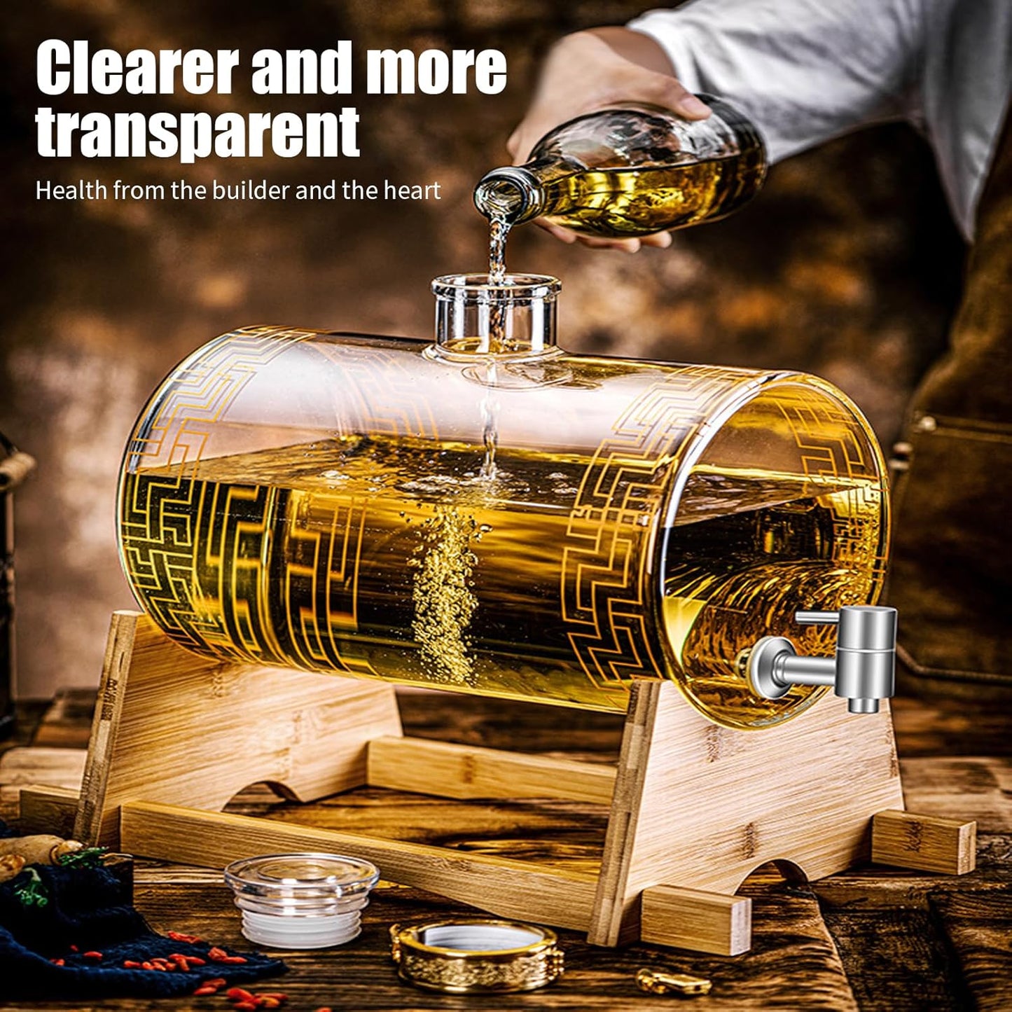 Glass Barrel Dispenser with Tap, Whiskey Decanter Set 5L Whiskey Barrel Whiskey Decanter Drink Dispenser for Wine for Scotch Bourbon Vodka Rum and Liquor Party Drink (A)
