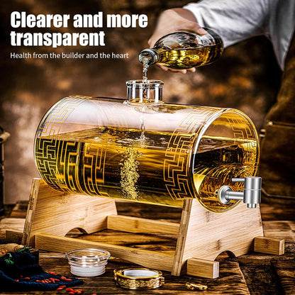 Glass Barrel Dispenser with Tap, Whiskey Decanter Set 5L Whiskey Barrel Whiskey Decanter Drink Dispenser for Wine for Scotch Bourbon Vodka Rum and Liquor Party Drink (A)
