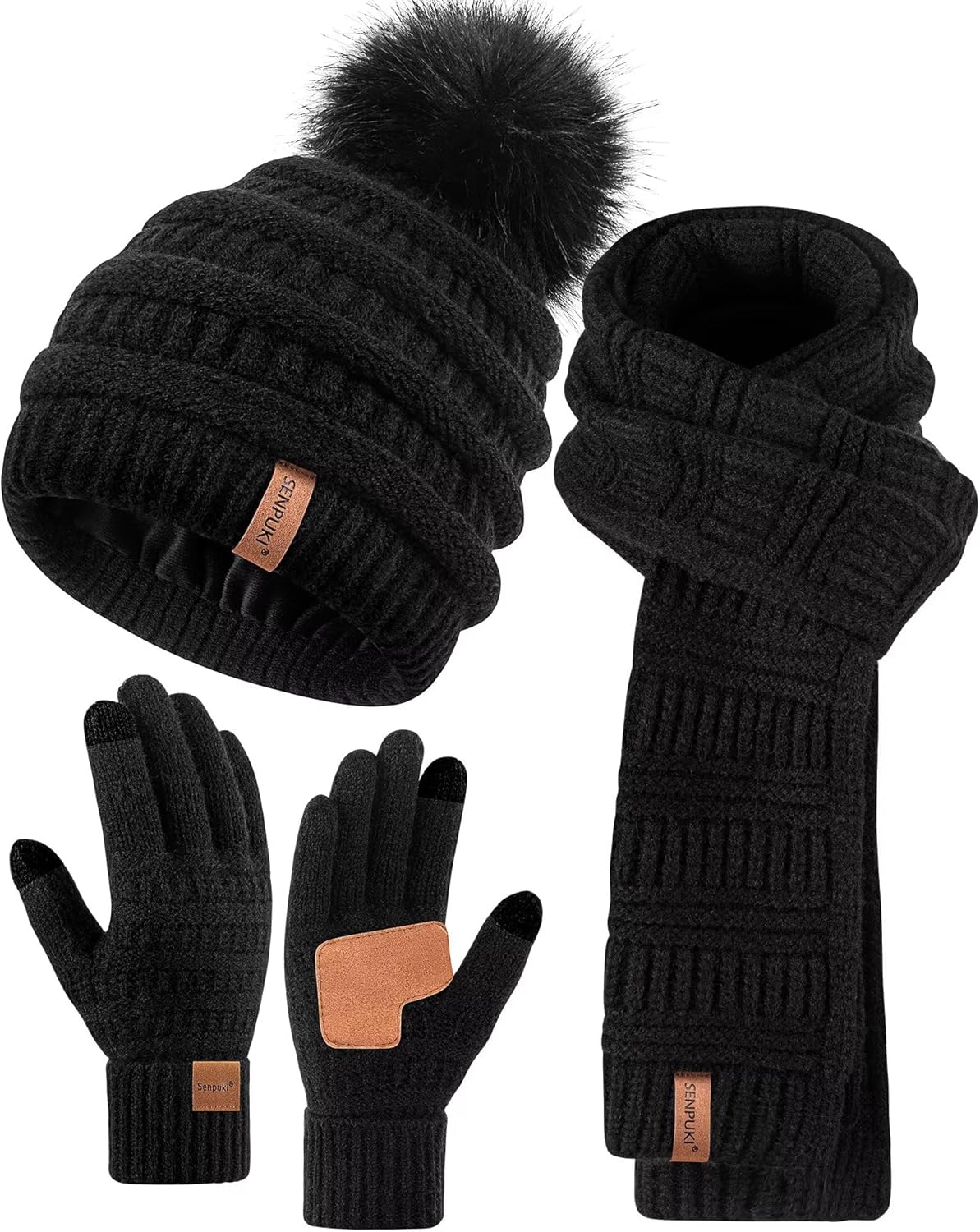 Hat Scarf and Gloves Set Ladies, Cute Pom Pom Winter Beanie Hat for Women with Warm Fleece Lined, Long Knit Bobble Touchscreen Gloves Women Scarf Neck Warmer 3 in 1 Cold Weather Gift Set