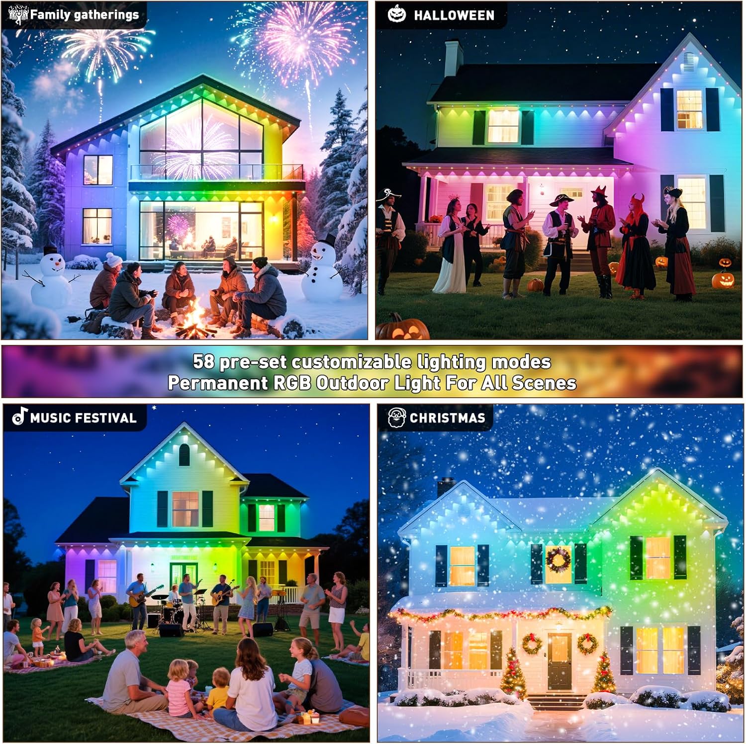 15M Permanent Outdoor Lights, RGB Waterproof Eaves Lights, Party Daily RGB Roof Edge Lighting with App Control and Remote Control IP 68 Outdoor Fairy Lights for Christmas Lighting