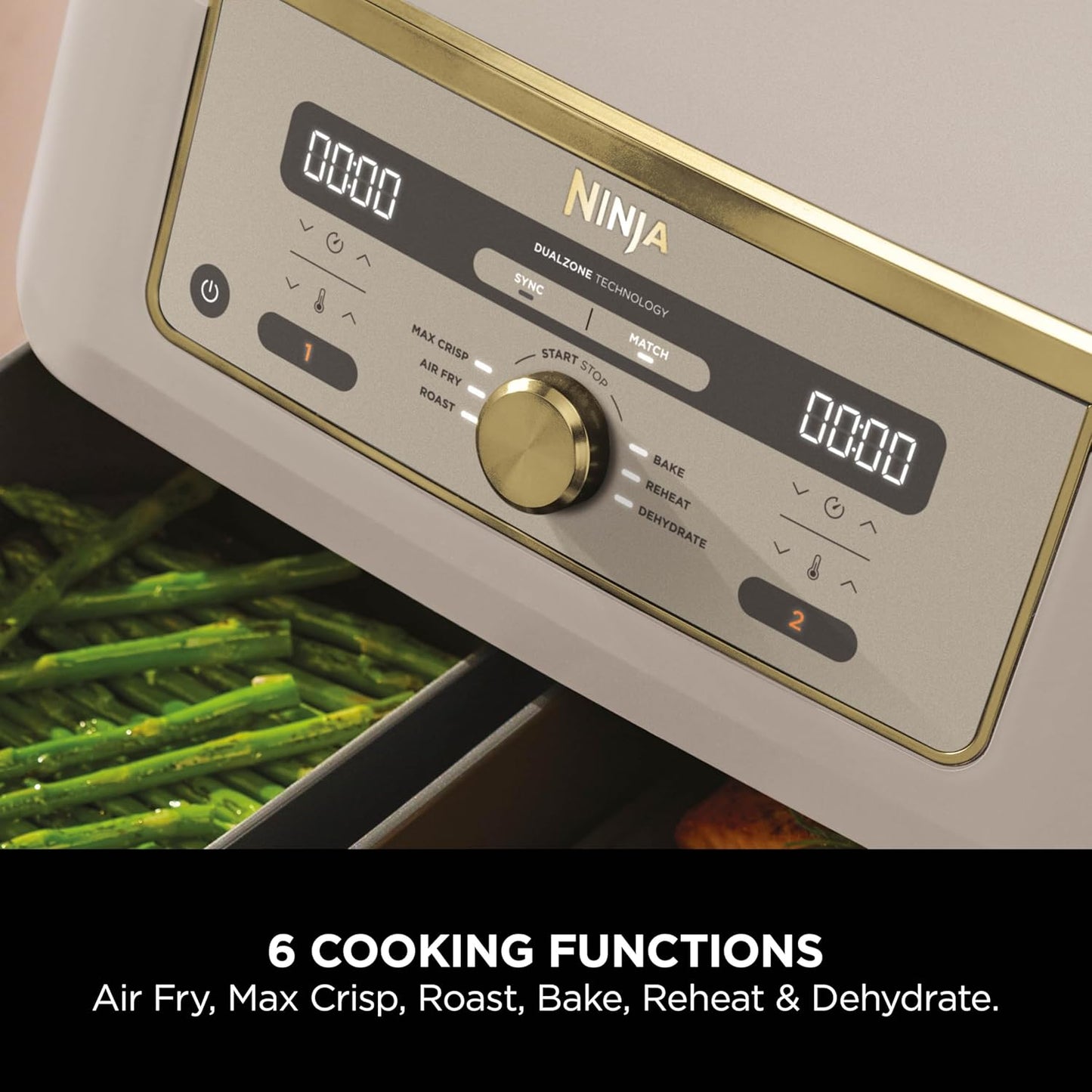 MAX Dual Zone Digital Air Fryer, 2 Drawers, 9.5L, 6-In-1, Uses No Oil, Air Fry, Max Crisp, Roast, Bake, Reheat, Dehydrate, Non-Stick, Dishwasher Safe Baskets, Stone Gold DZ400UKSTGD
