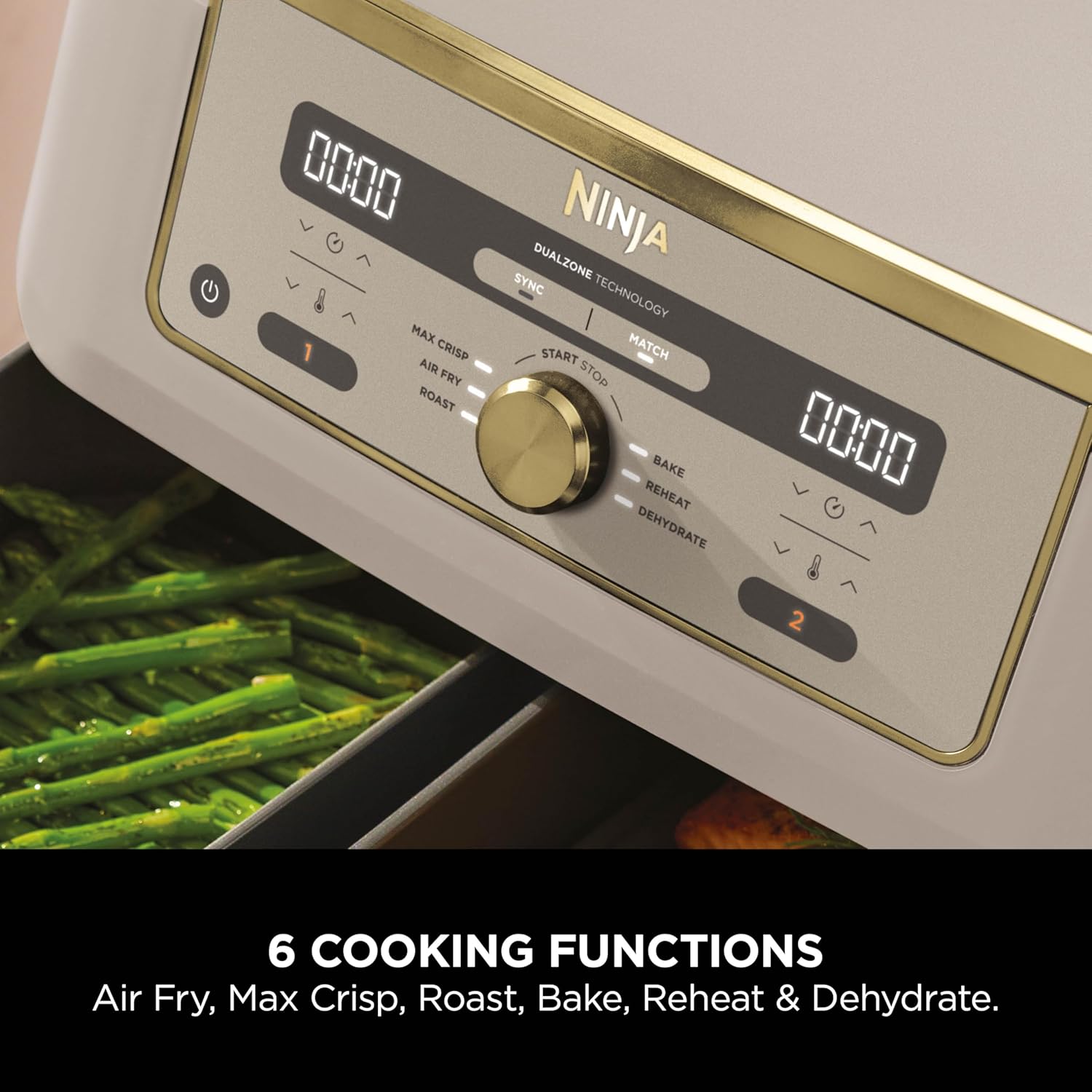MAX Dual Zone Digital Air Fryer, 2 Drawers, 9.5L, 6-In-1, Uses No Oil, Air Fry, Max Crisp, Roast, Bake, Reheat, Dehydrate, Non-Stick, Dishwasher Safe Baskets, Stone Gold DZ400UKSTGD