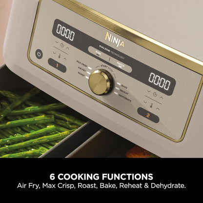 MAX Dual Zone Digital Air Fryer, 2 Drawers, 9.5L, 6-In-1, Uses No Oil, Air Fry, Max Crisp, Roast, Bake, Reheat, Dehydrate, Non-Stick, Dishwasher Safe Baskets, Stone Gold DZ400UKSTGD