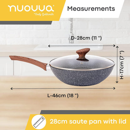 nuovva  Non Stick Wok Pan – Deep Stir Fry Pan with Lid – 28Cm Frying Pan with Induction Base
