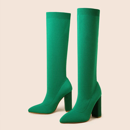 Green Women’s Cozy Knitted Knee-High Boots with Stretch Fabric and Square Heels for Autumn and Winter