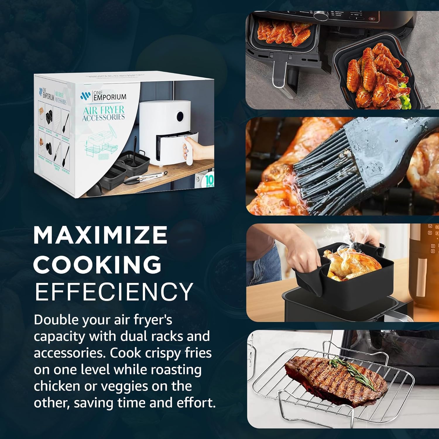 - 11-Piece Set of Air Fryer Accessories Compatible with Ninja, Tower & Other Brands, Includes Air Fryer Rack, Non-Stick Pan, Silicone Pots, Airfryer Liners, Gloves & More