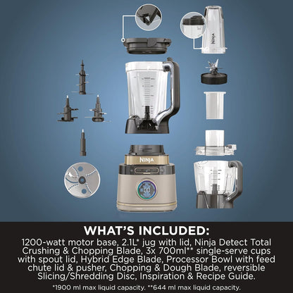 3-In-1 Detect Power Blender Processor Pro, Powerful 1200W Blender, Food Processor Bowl, Dough Blade, 2X Single Serve Cups, Jug, Make Pizza Dough, Blend, Chop & Mix, Stone Gold, TB401UKSTGD
