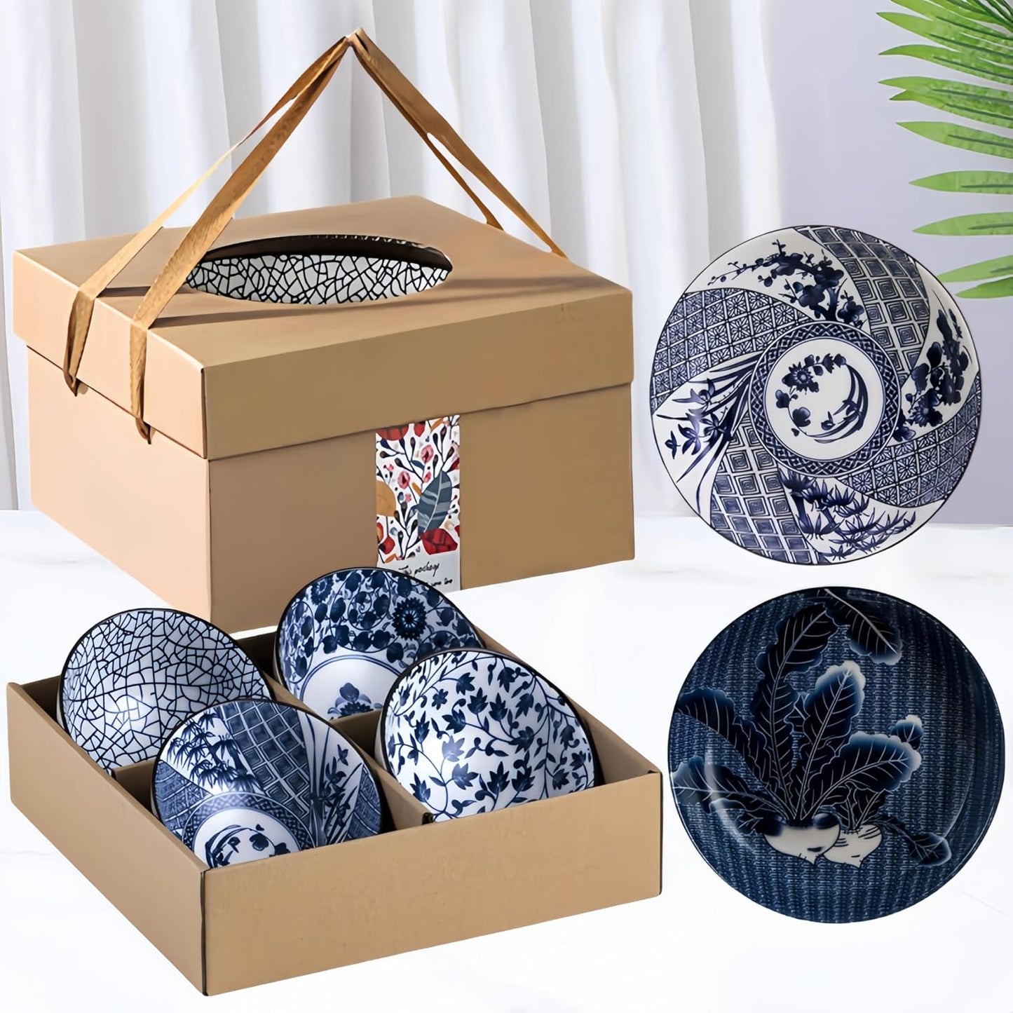 Japanese Style Ceramic Plates and Bowls Set, Rice Bowl with Gift Box Bowls Set of 6, Porcelain Serving Bowl for Rice, Soup, Dessert, Snack, 10Oz/250Ml, Soy Sauce Dish 8Inch, Dishwasher Safe Sets