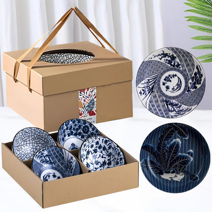 Japanese Style Ceramic Plates and Bowls Set, Rice Bowl with Gift Box Bowls Set of 6, Porcelain Serving Bowl for Rice, Soup, Dessert, Snack, 10Oz/250Ml, Soy Sauce Dish 8Inch, Dishwasher Safe Sets