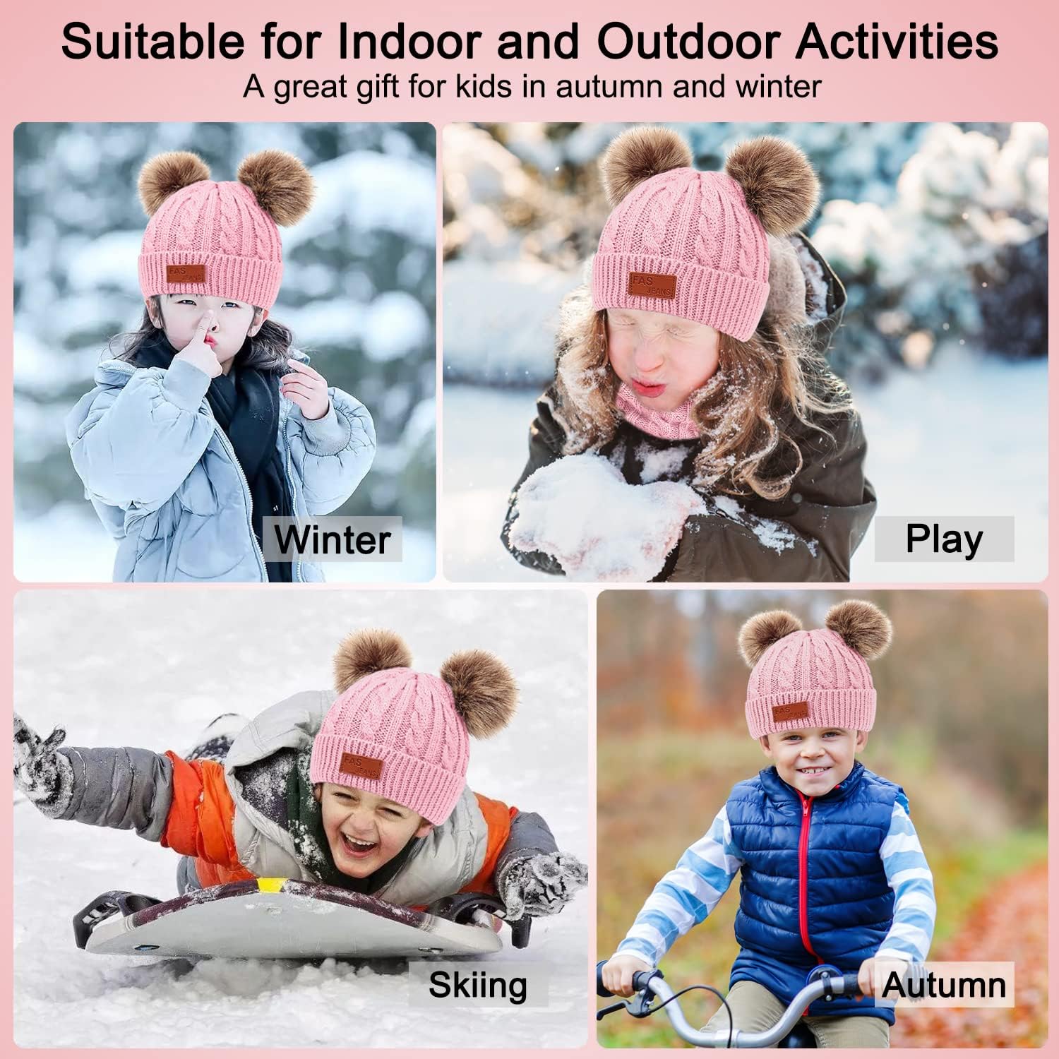 Kids Winter Beanie Hat Scarf Gloves Set 3 In1, 3Pcs Knit Warm Toddler Winter Cap Gloves Neck Warmer for Boys Girls 1-6 Year, Winter Accessories Sets for Children Outdoor Sports