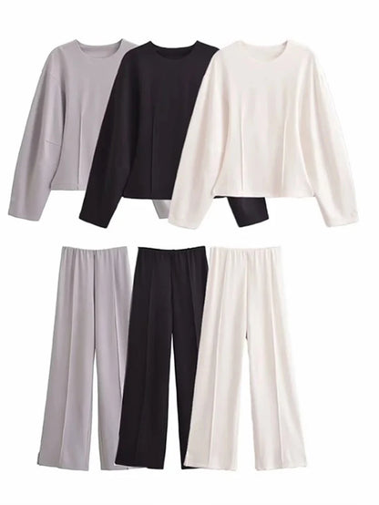 Women'S Two Pieces Set Pant Sets Crop Long Sleeve Sets Elegant Women'S Suits High Waist Wide Leg Trousers Outfit Streetwear