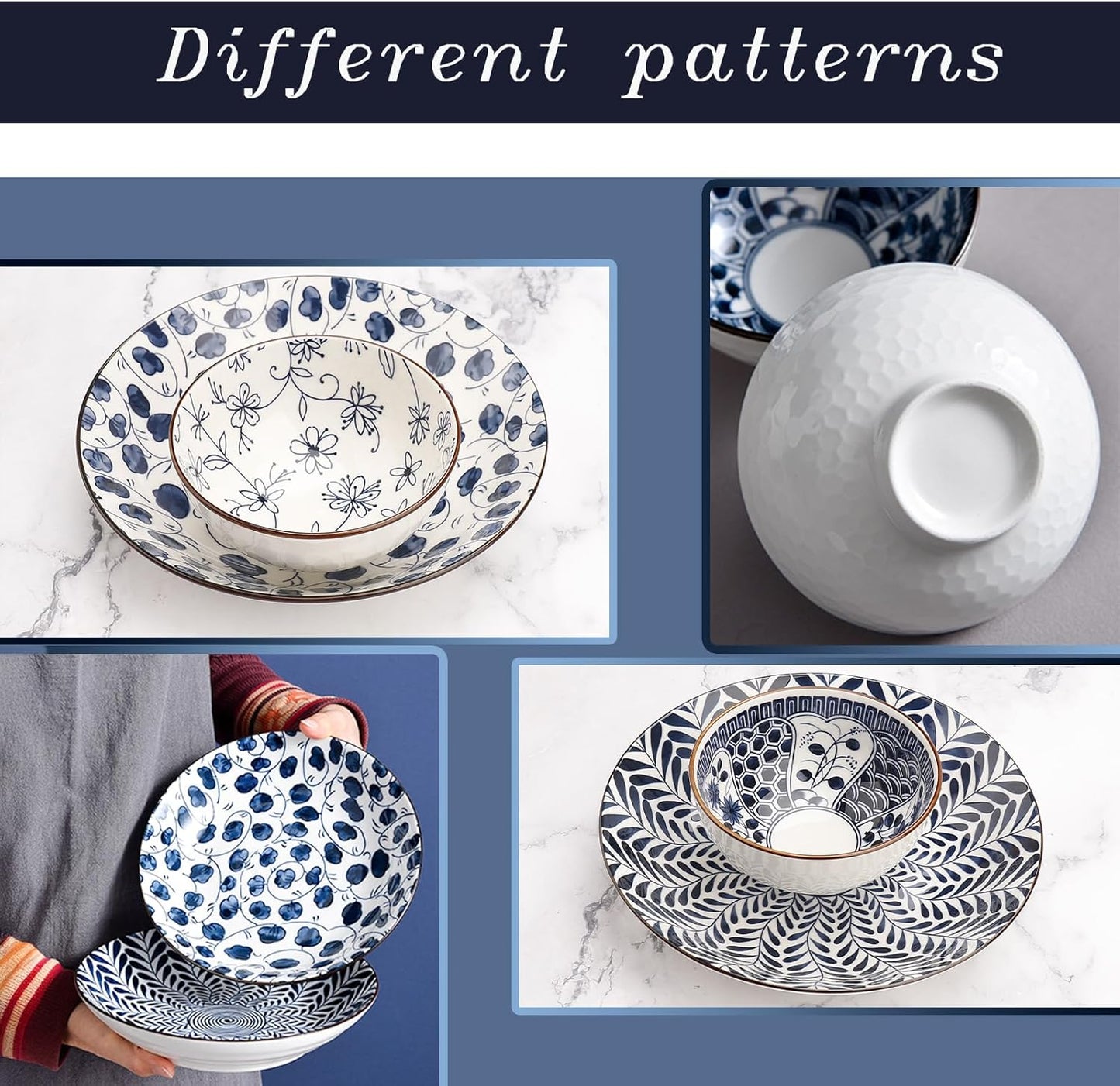 Dinner Set-Plates and Bowls Set-Blue and White Porcelain Crockery Set-Tableware Gift Set-Chinese Japanese Dinnerware Set-20 Cm/7.8 Inches Dinner Plates for 2 and 300 Ml Cereal Bowl for 4