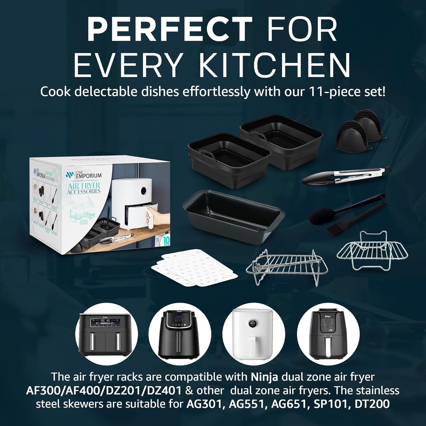 - 11-Piece Set of Air Fryer Accessories Compatible with Ninja, Tower & Other Brands, Includes Air Fryer Rack, Non-Stick Pan, Silicone Pots, Airfryer Liners, Gloves & More