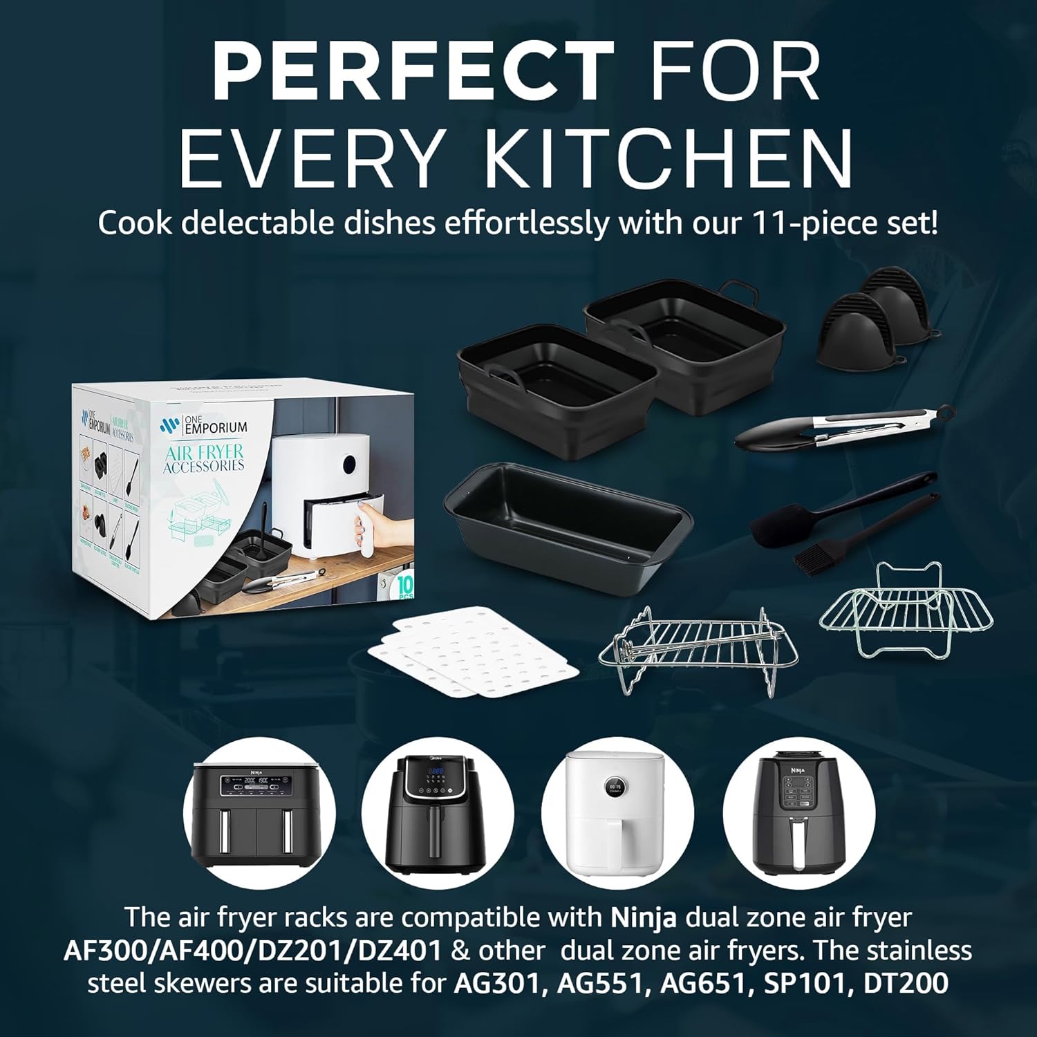 - 11-Piece Set of Air Fryer Accessories Compatible with Ninja, Tower & Other Brands, Includes Air Fryer Rack, Non-Stick Pan, Silicone Pots, Airfryer Liners, Gloves & More