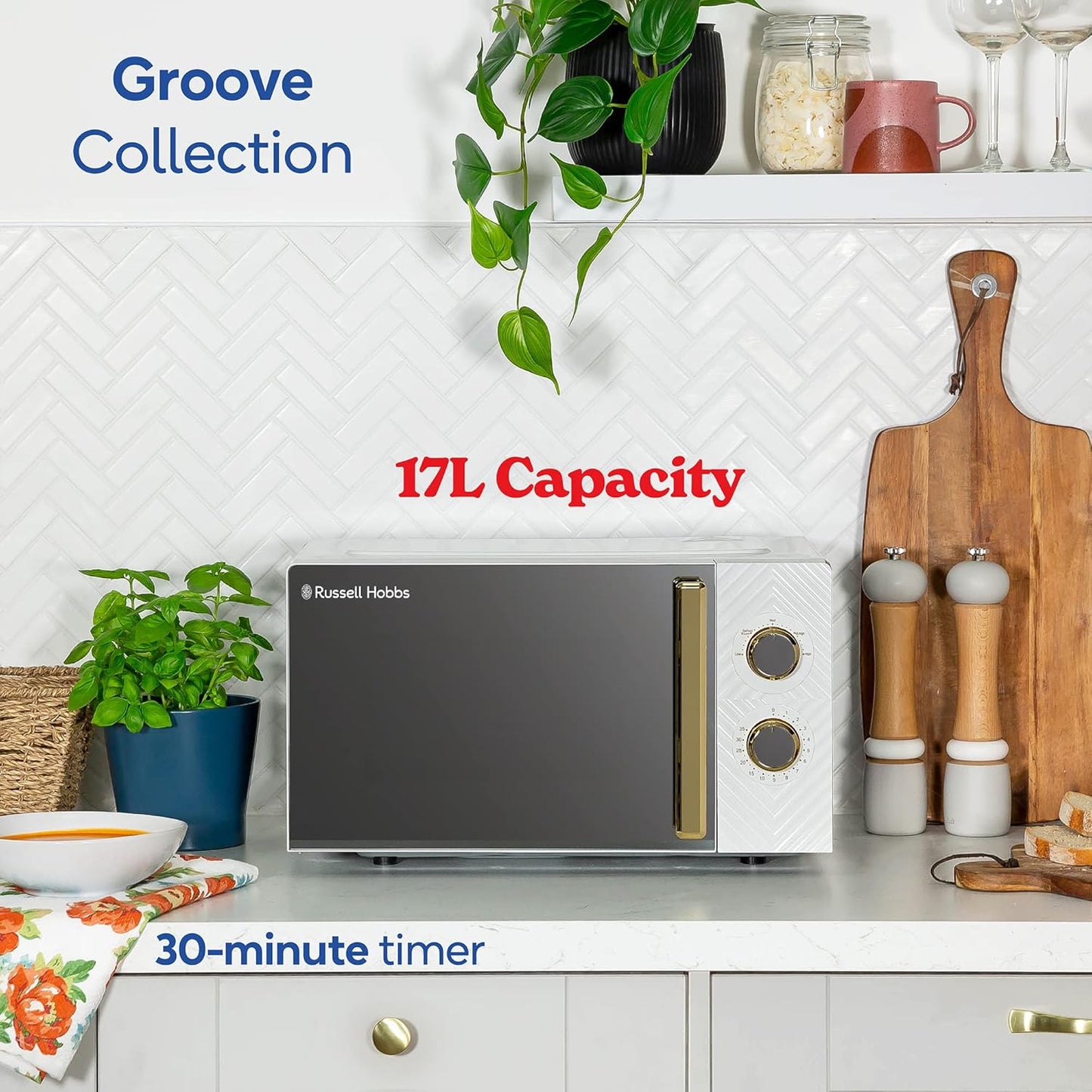 Russell Hobbs  Litre 700W White Solo Manual Microwave with Groove Design, 5 Power Levels, Integrated Timer and Defrost Function, Easy Clean RHMM723