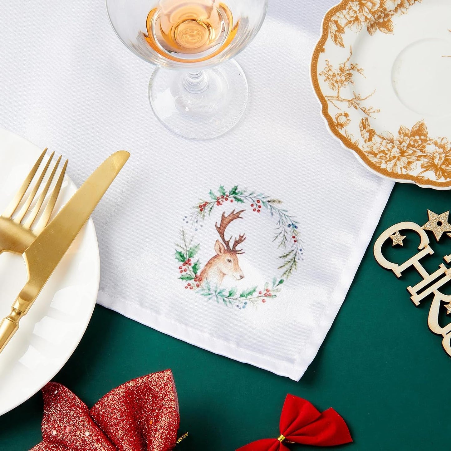 12 Pcs 43 X 43 Cm Christmas Napkins Soft Comfortable Cloth Napkin Reusable Satin Table Napkin for Home, Restaurants, Parties(Garland Deer)