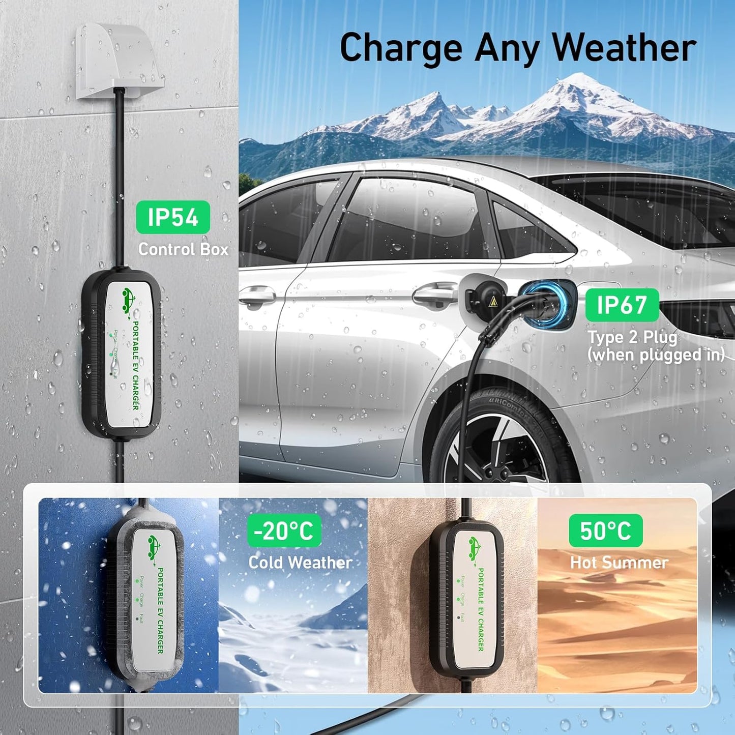 EV Charger Cable Type 2 to 3 Pin Plug 8M, 10A 3 Pin EV Charger Electric Car Charger, 2.3Kw Type 2 Charging Cable 3 Pin IP67/IP54 with LED Indicators&Bag, for Type 2 Evs&Phevs