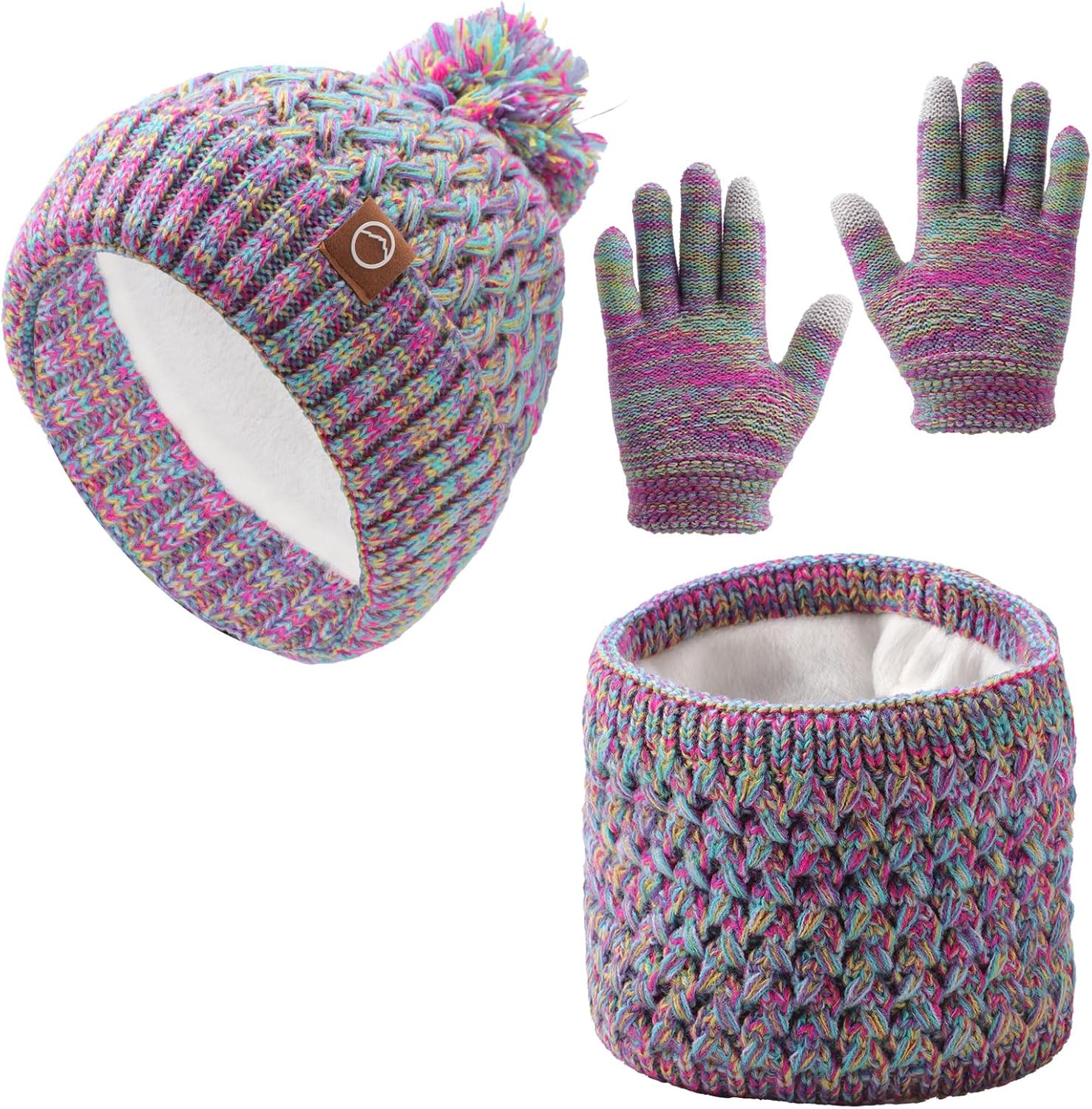 Kids Winter Hat Scarf and Gloves Set,Warm Thermal Knitted Beanie Cap Snood Neck Warmer Touchscreen Mitten with Soft Fleece Lining for Girls Boys Age 4-10
