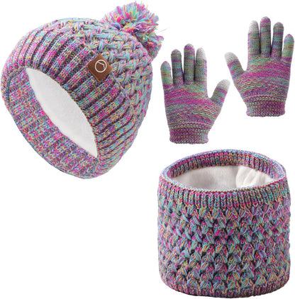 Kids Winter Hat Scarf and Gloves Set,Warm Thermal Knitted Beanie Cap Snood Neck Warmer Touchscreen Mitten with Soft Fleece Lining for Girls Boys Age 4-10