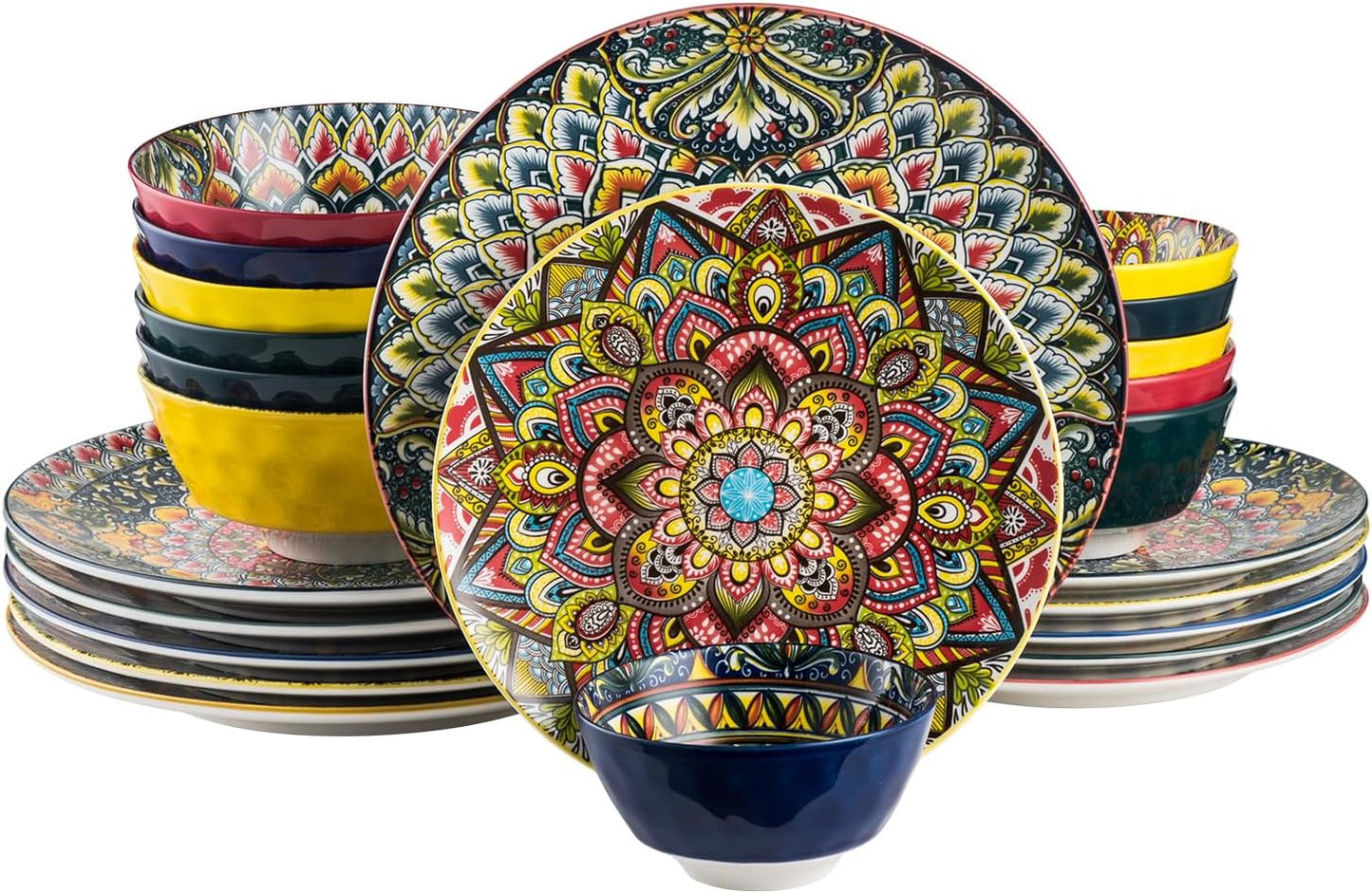 Plates Set - 10 Inch, Porcelain Large Dinning round Plates Set of 6, round Plate for Breakfast/Dessert with Pattern - Bohemian Style