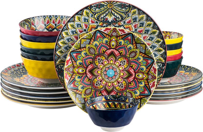 Plates Set - 10 Inch, Porcelain Large Dinning round Plates Set of 6, round Plate for Breakfast/Dessert with Pattern - Bohemian Style