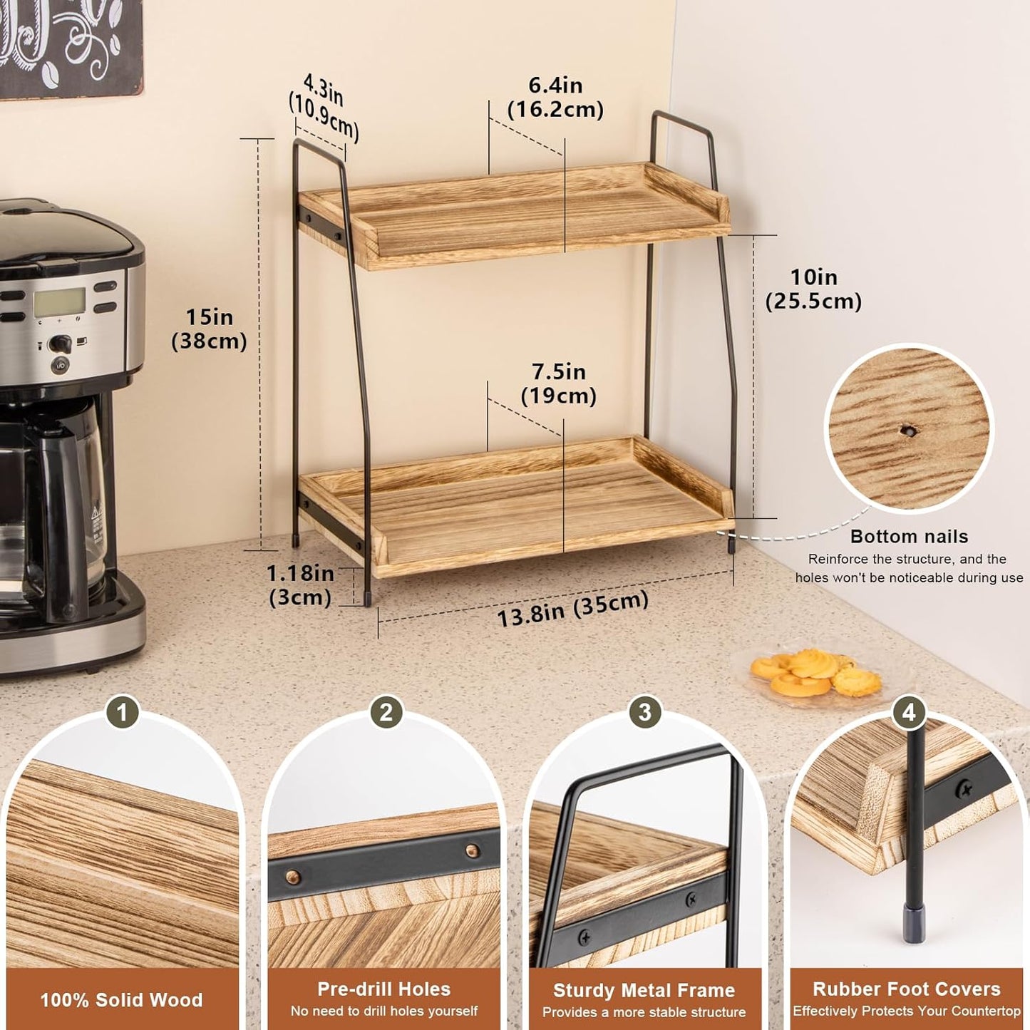 Coffee Station Organizer for Countertop, 2 Tier Coffee Bar Accessories and Organizer, Wooden Kitchen Storage & Organisation, Countertop Organiser for Kitchen, Home, Office - Brown
