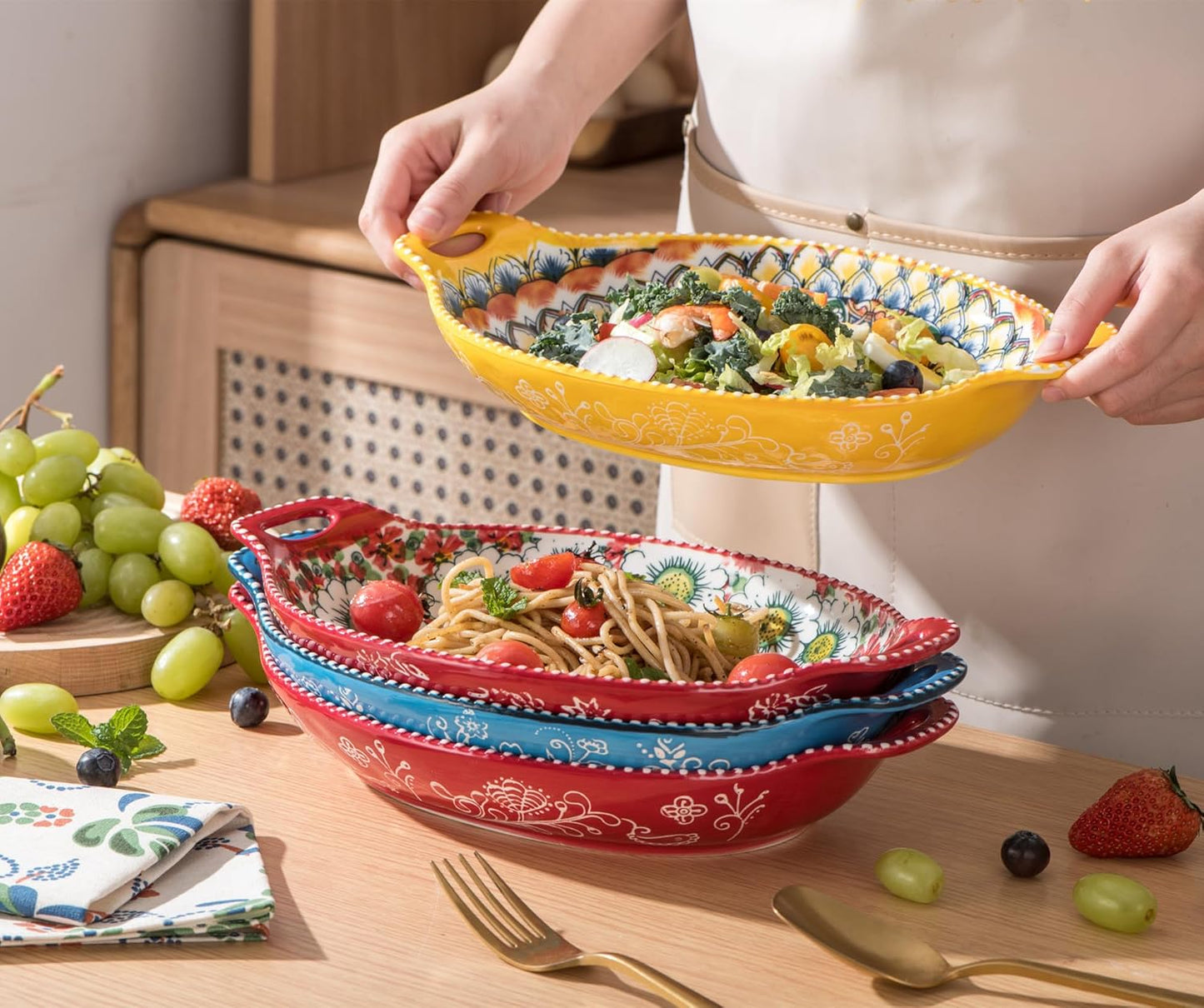 Salad Bowl Set of 4, Porcelain Large Pasta Bowl/Fruit Bowls with Handles - 32 OZ, Vibrant Colour Large Boho Bowls Serving Dishes for Entertaining/Party/Christmas